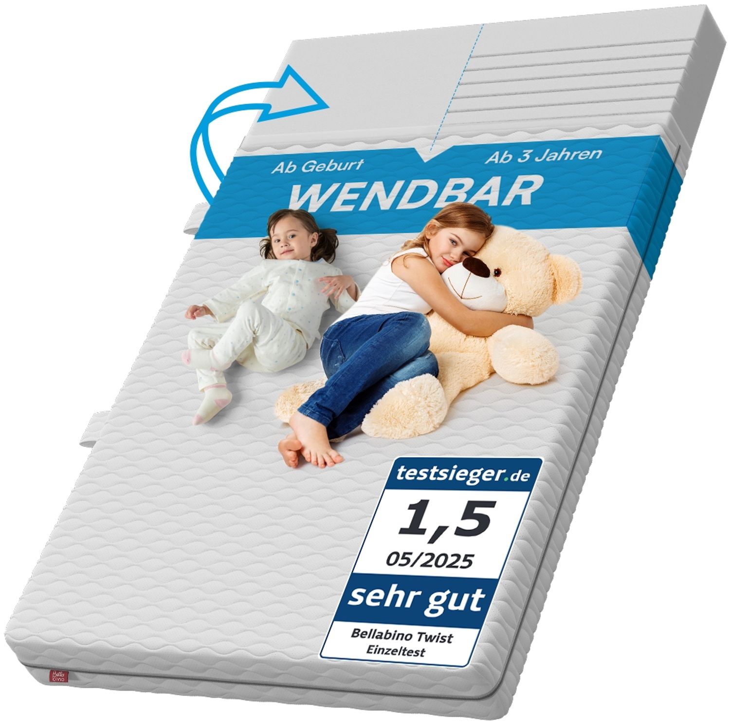 Bellabino 'Twist' Baby- und Kindermatratze 140x200 cm, Höhe 15 cm, Härtegrad H1/H2, wendbare 7-Zonen Kaltschaummatratze, abnehmbarer Bezug, Matratze für Kinder ab Geburt bis 13 Jahren Bild 1