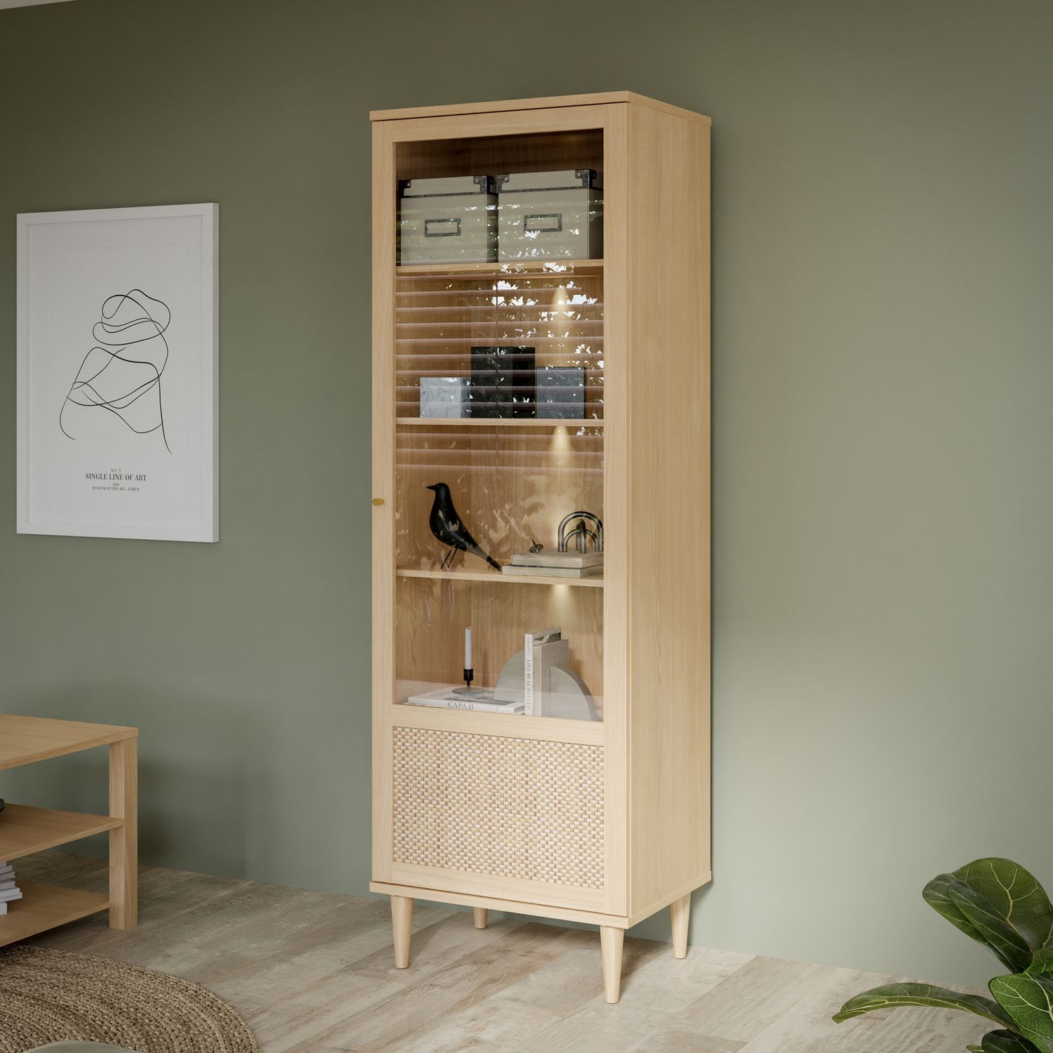Forte CALASETTA Vitrine 60, Boho-Vitrinenschrank mit Rattangeflecht, 1-türig, Holzwerkstoff, Elegancia Eiche | Technorattan, 60,4 cm breit x 198,5 cm hoch x 41,4 cm tief Bild 1
