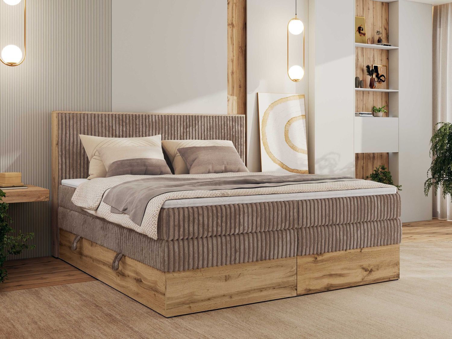 Boxspringbett, Set mit zwei Multipocket-Matratze und Topper, hohe Kopfteil, Eiche Wotan Holzrahmen - WOOD CLASSIC KING - 200 x 200 cm - Braun Cord - H4 Bild 1