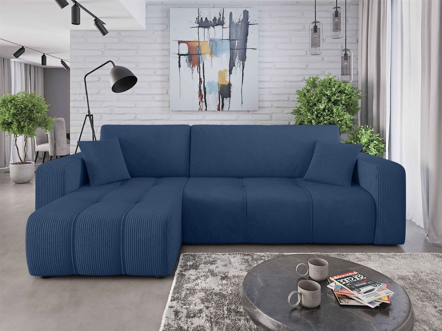 Ecksofa mit Schlaffunktion Sofa DAGNY in Stoff Poso Blau Ottomane Links Bild 1