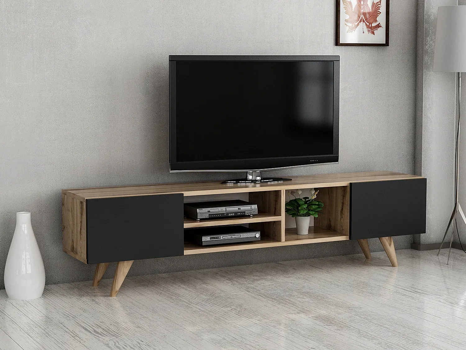 Vente-unique - MOSTIA TV unit Holz, Platte SchwarzBeige - B 31 cm x H 40 cm x L 160 cm Bild 1