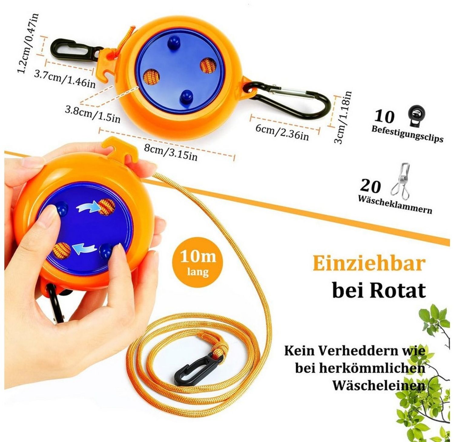 TUWENA Wand-Wäscheleine Ausziehbar, Camping Tragbare 10m Wäscheschnur Outdoor Wäscheständer, Für Badezimmer, Waschküche, Garten oder Reise Urlaub Bild 1