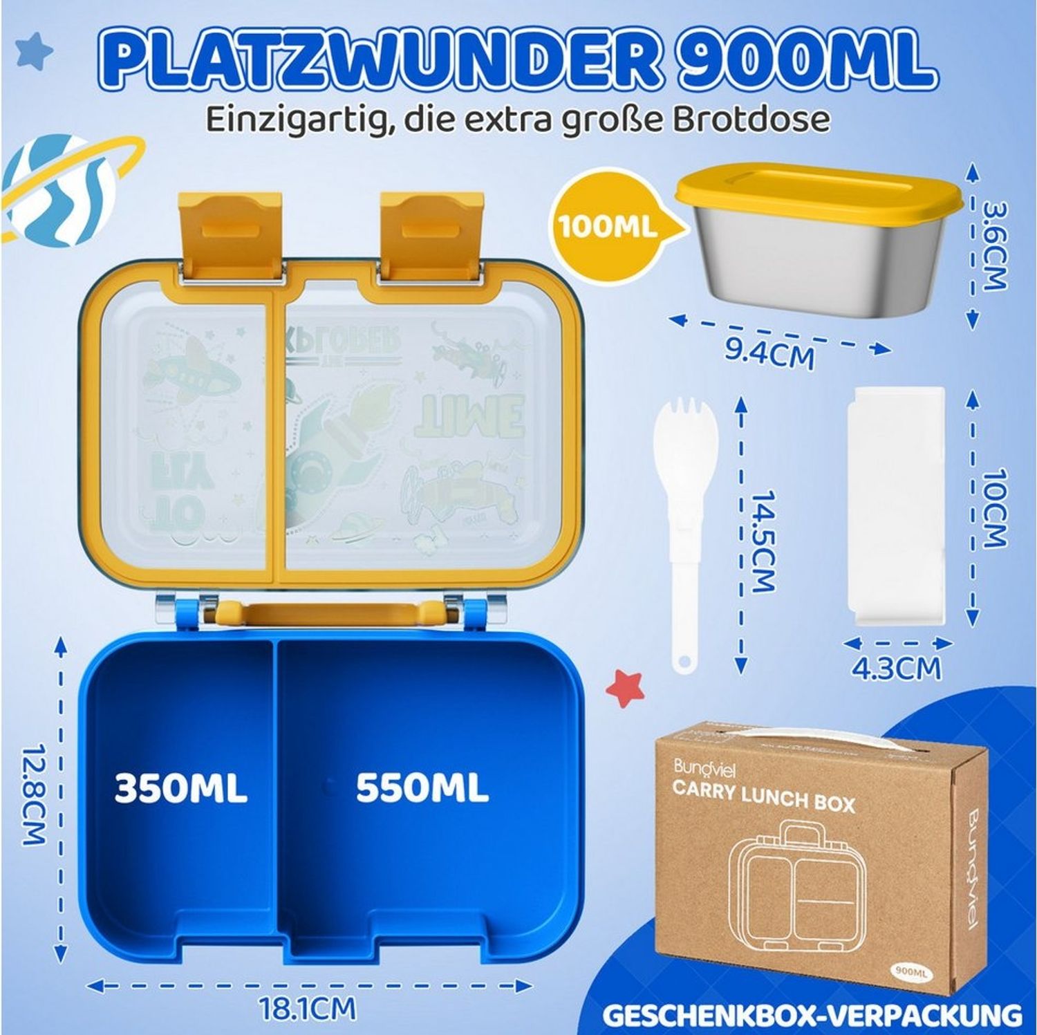 Bundviel Lunchbox Brotdose Kinder mit Fächern Bento Box Auslaufsicher Lunchbox, PP+ABS, (mit 100ml Edelstahl-Dippschale, Kindergarten und Schule - Mädchen und Jungen, Vesperbox, Snackbox) Bild 1