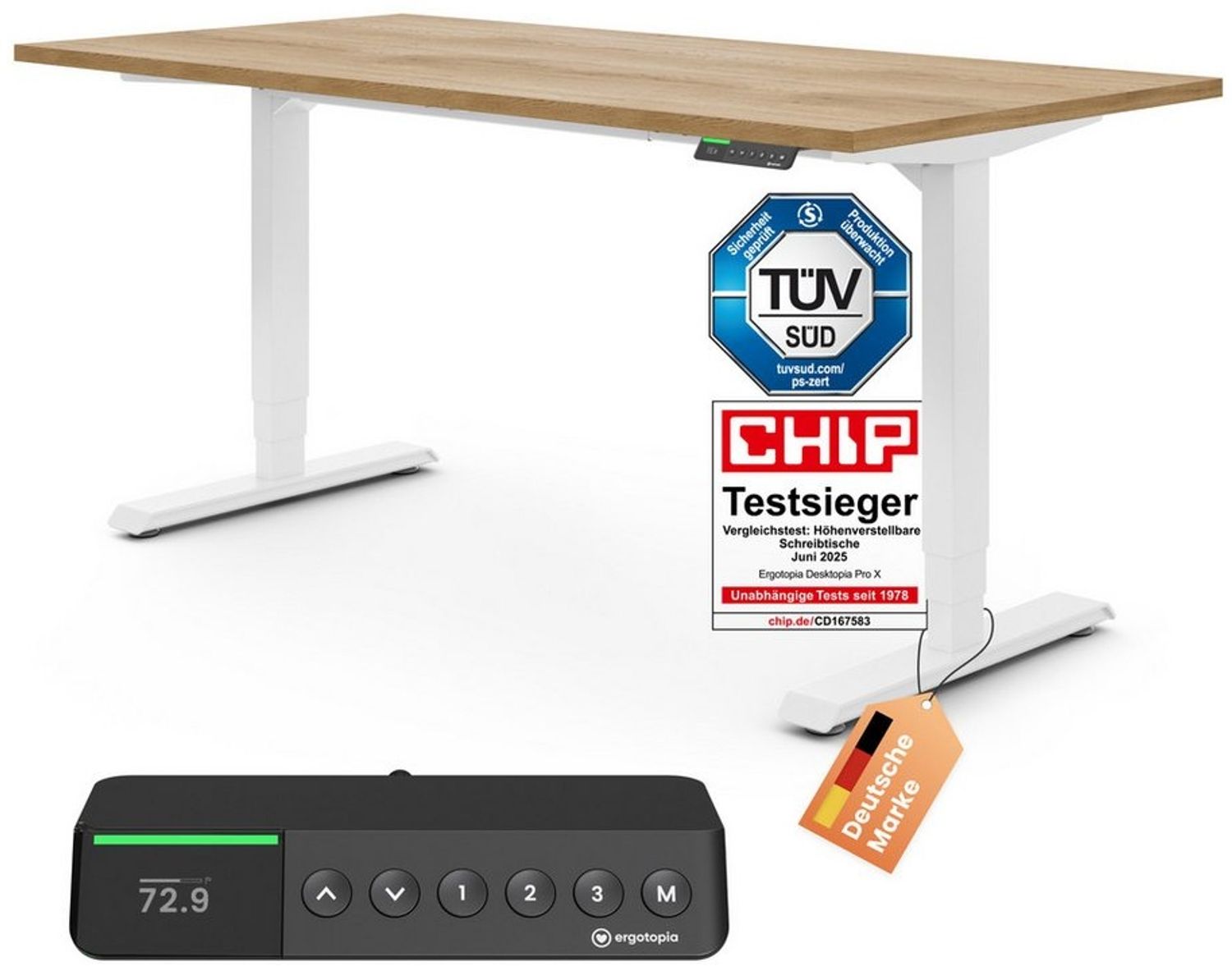 Ergotopia Schreibtisch Desktopia Pro X elektrisch höhenverstellbarer Schreibtisch, elektrisch verstellbarer Bürotisch inkl. edlem OLED-Display Bild 1