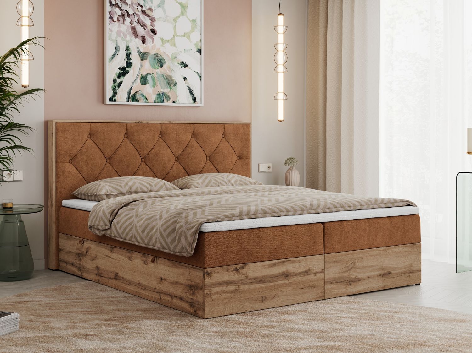 Boxspringbett, Schlafzimmerbett, Bettkasten - VENETO - 200 x 200 cm - Orange Stoff - H4 Bild 1