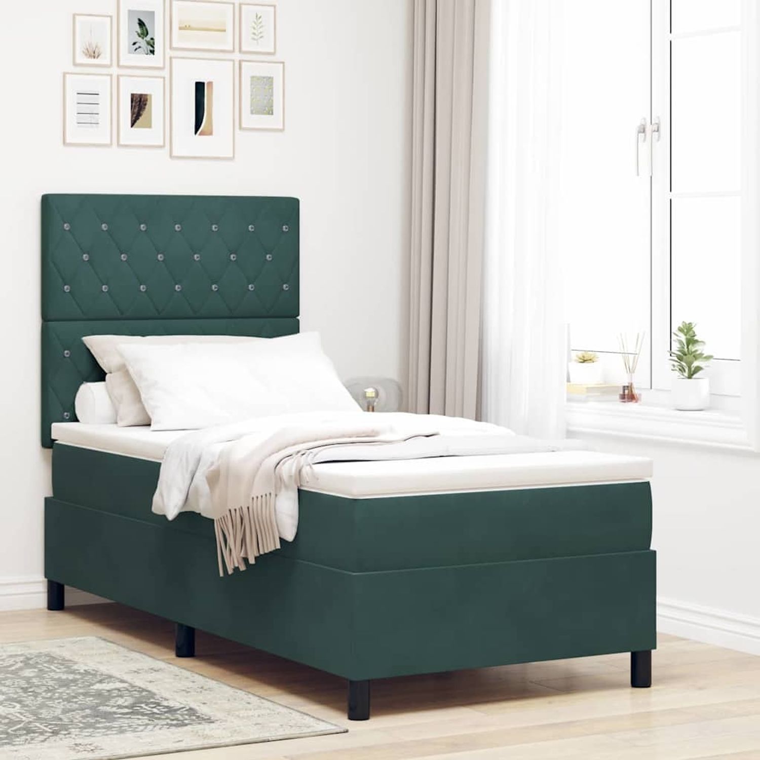 vidaXL LED Boxspringbett mit Matratze Dunkelgrün 100 x 200 cm Samt 3343229 Bild 1