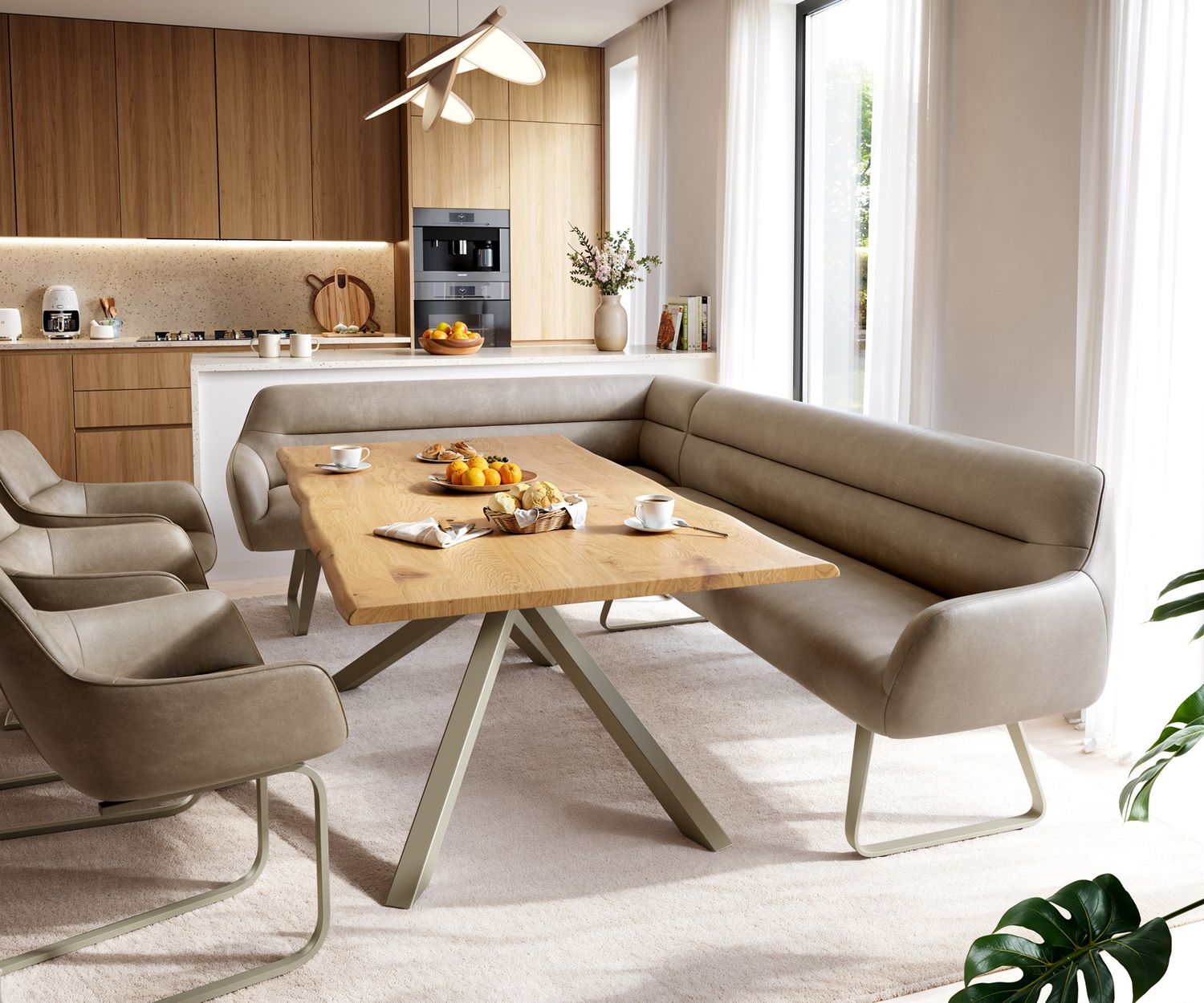 Esszimmerbank Taya-Flex 285x190 cm Mikrofaser Beige Vintage Kufengestell flach Effektfinish Titan Taschenfederkern Rechts Bild 1