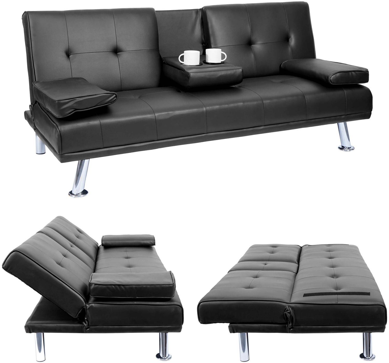3er-Sofa HWC-F60, Couch Schlafsofa Gästebett, Tassenhalter verstellbar 97x166cm ~ Kunstleder, schwarz Bild 1