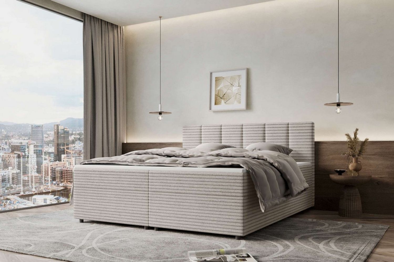 99rooms Bergamo Boxspringbett Cordstoff AMBIENCE Latte 180x200 cm Schaum Topper 6 cm Bild 1