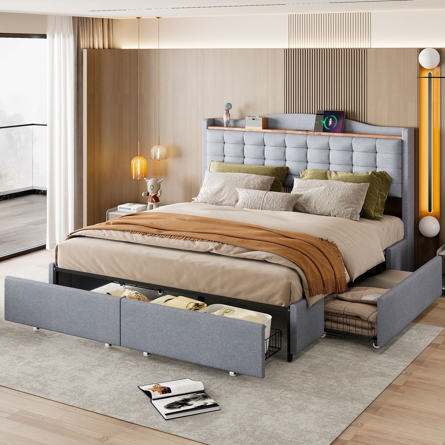 Polsterbett 160x200 cm aus Leinen mit Stauraum und USB-Ladeanschluss Bild 1