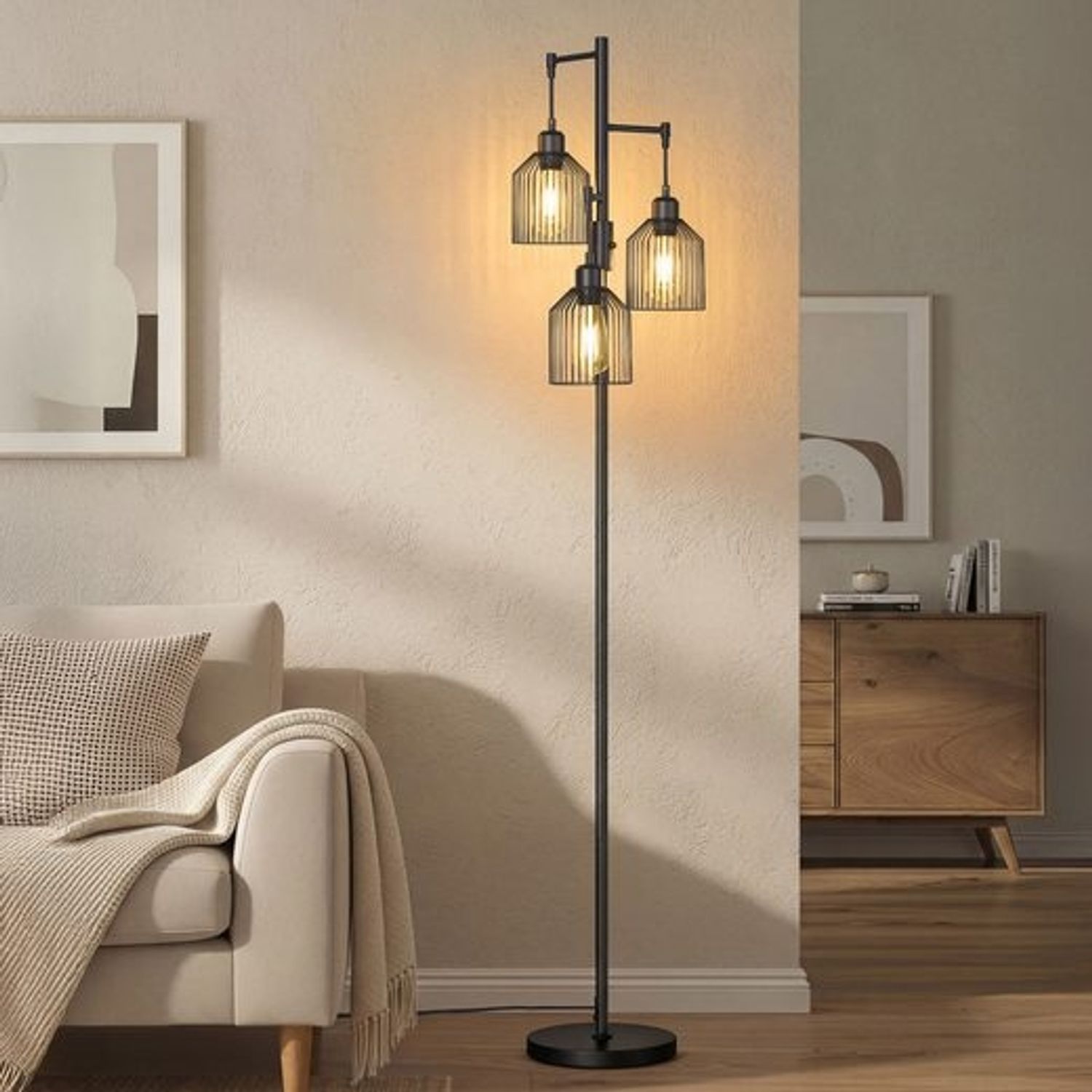 VASAGLE Bodenlampe mit 3 E27-Fassungen, höhenverstellbar, Metallschirm, Stehlampe für Wohnzimmer, modern, schwarz Bild 1
