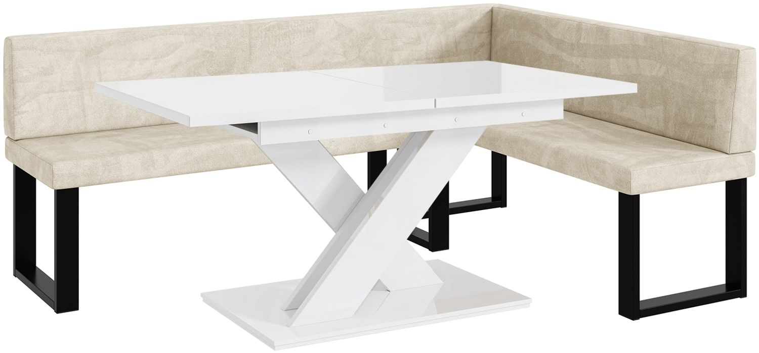 MEBLINI Eckbank für Esszimmer mit ausziehbarem Tisch - Küchenbank - Essecke - Sitzecke Küche - TONI - U-Beine 142x196x87cm Rechts - Creme Samt/B Weiß Hochgl. Bild 1