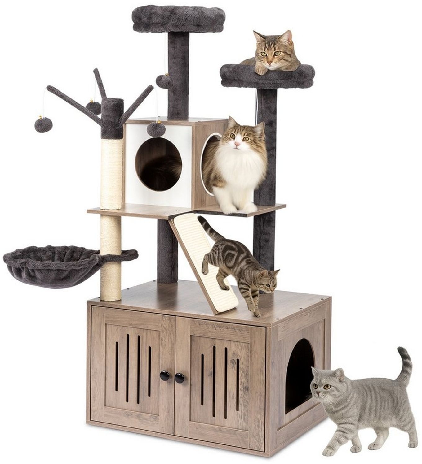 LALAHO Kratzbaum mit Katzenklo Schrank, 134,5 cm hoch, mit Liegemulde, Kratz Stämmen, Plüschbälle Bild 1