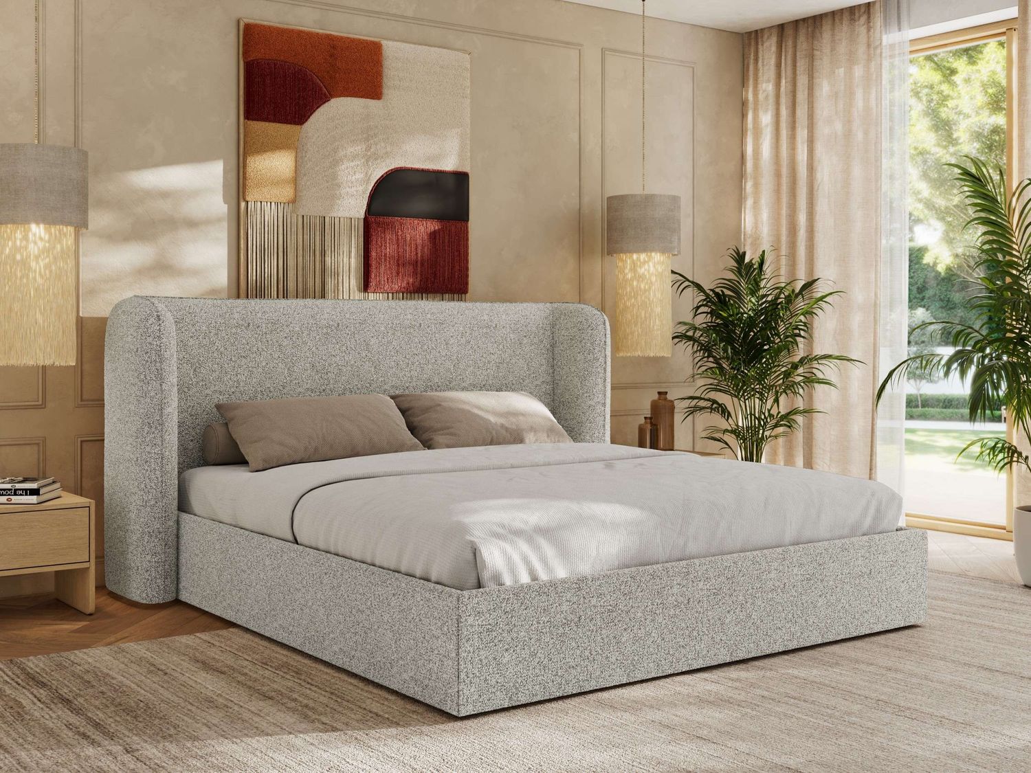 Polsterbett Bett mit Holzlattenrost Schlafzimmer Bett Doppelbett gepolstertes Kopfteil Pocket Matratze - EMORA CLASSIC - 180x200 cm - Hellgrau Strukture - VIRE LUX Bild 1