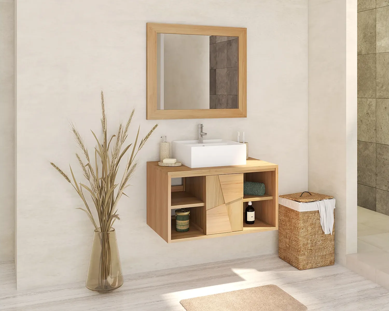 Vente-unique - SUMBAWA Waschbeckenmöbel Holz, Platte Beige - B 50 cm x H 45 cm x L 80 cm Bild 1