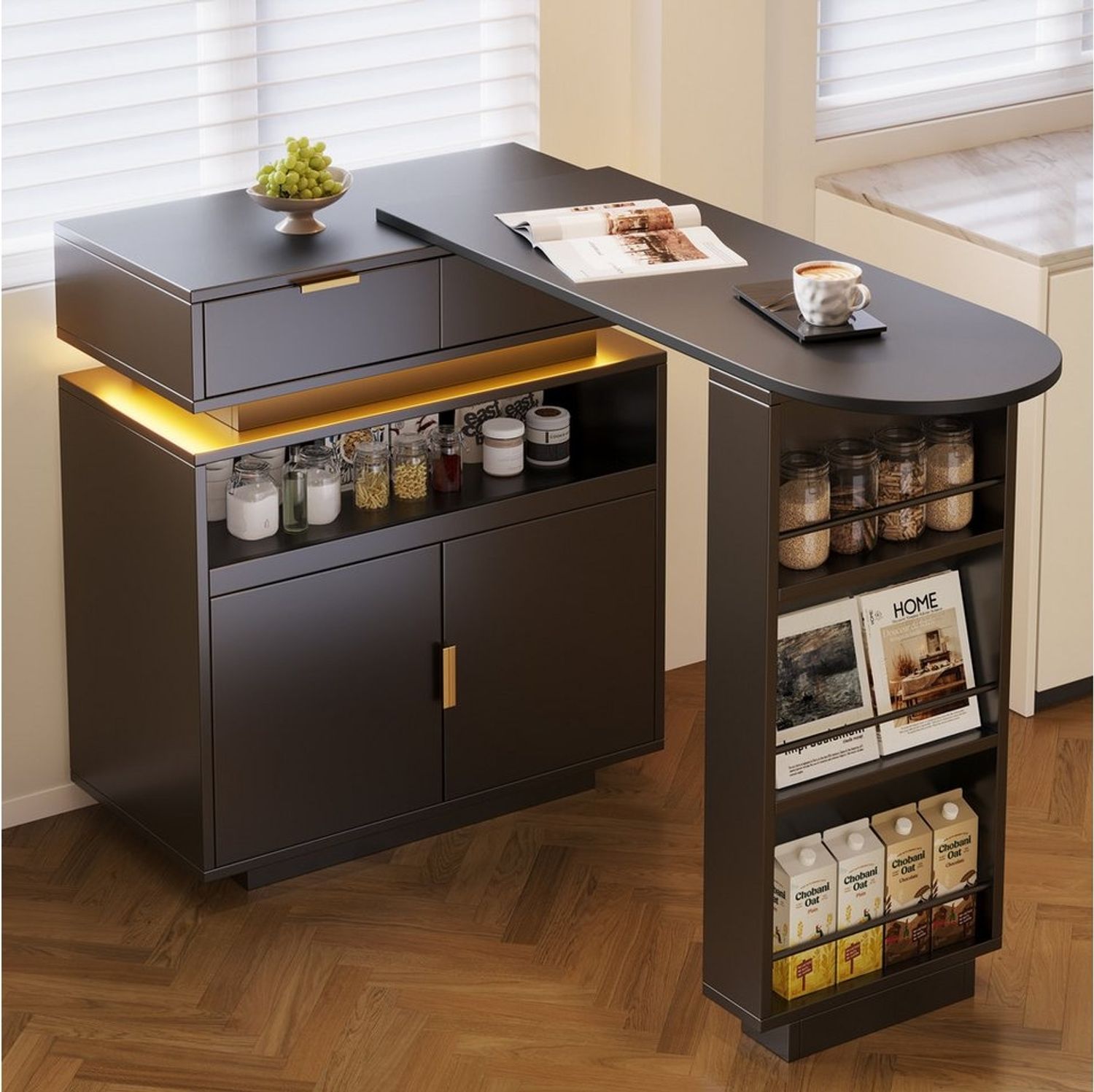 Flieks Bartisch 360° drehbar Stehtisch inkl. Kommode mit LED-Beleuchtung (Set, 2-St, L115-183/T40/H99,5 cm), ausziehbar Esstisch & Küchenschrank mit verstellbarer Einlegeböden Bild 1