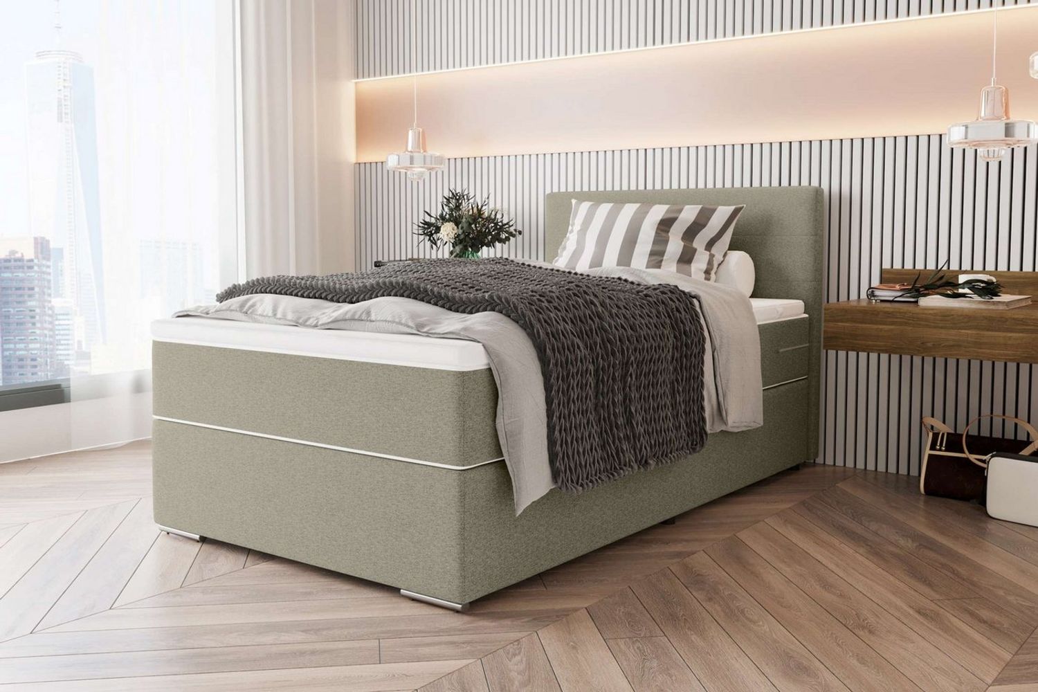 99rooms 'Phönix' Boxspringbett, Beige, 120x200 cm, Webstoff MALMO_NEW Bild 1