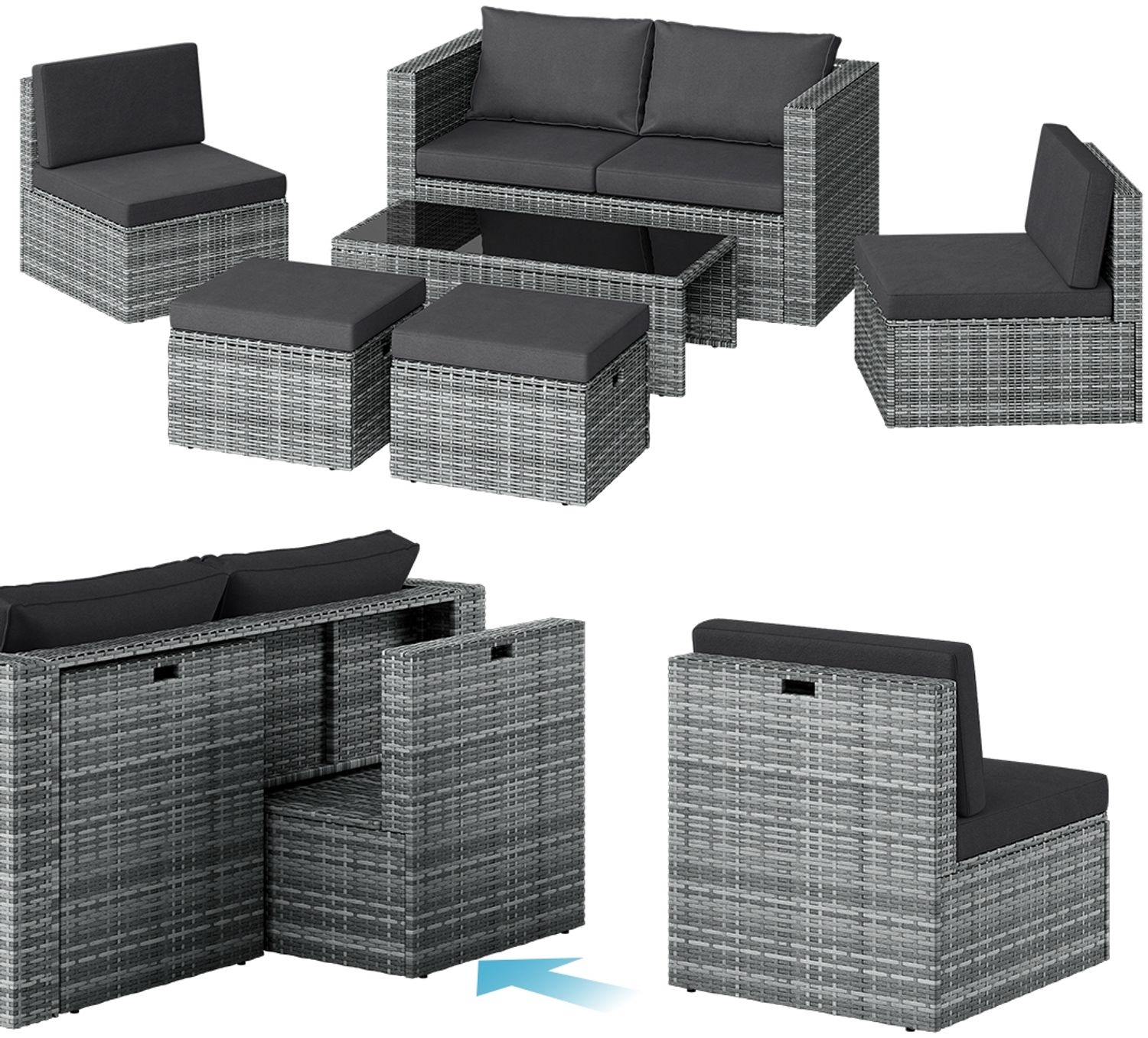 STEELSØN 'Noctura' Polyrattan 6-tlg. Gartenlounge, Sitzgruppe aus Sofa, Tisch, 2x Sessel, 2x Sitzhocker, grau-meliert/anthrazit, wetterfest, für 6 Personen Bild 1