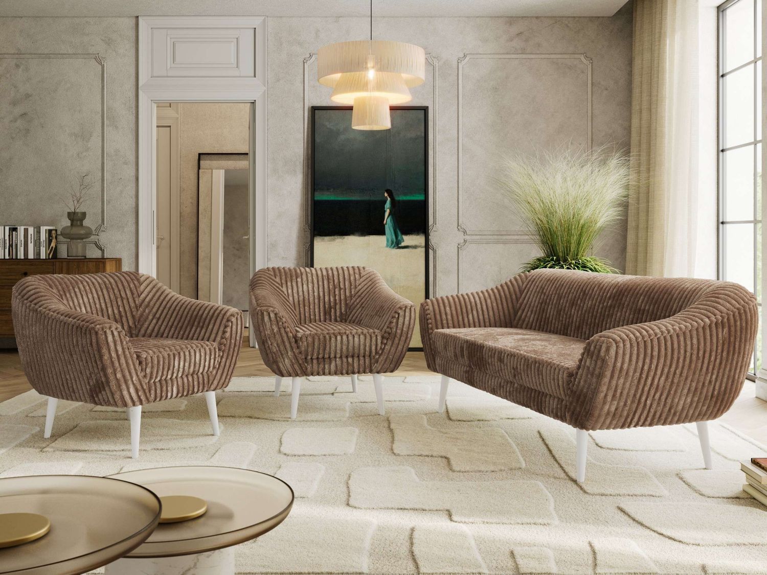 Wohnzimmerset PIRS 1-1-3, Skandinavisches 3-Sitzer Sofa mit Sesseln, Sofa mit Wellenfederung, weiße Füße, Skandinavisches Möbelset - Braun Cord Bild 1