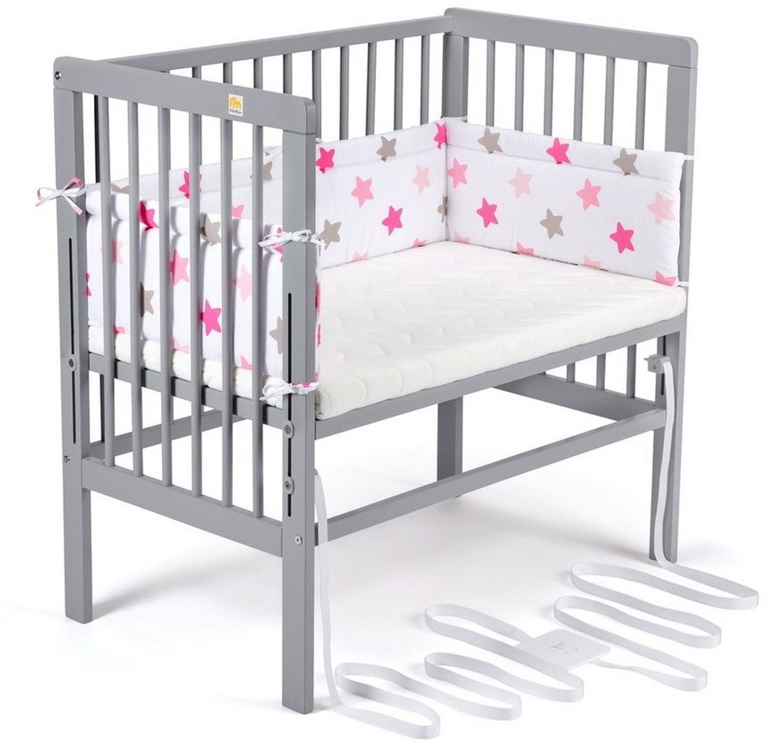 FabiMax 4829 'BOXSPRING' Beistellbett grau, inkl. Matratze 'CLASSIC' und Nestchen 'Sterne' rosa auf weiß Bild 1