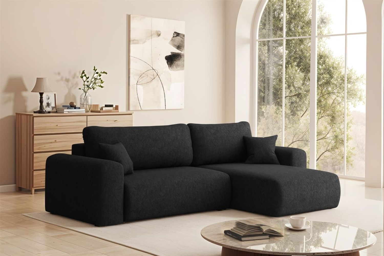 Ecksofa Schlafsofa FLORA Stoff Verita Schwarz Ottomane Rechts Bild 1