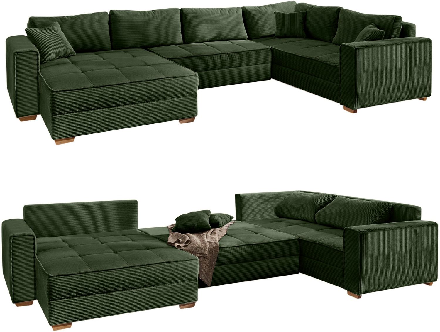 Wohnlandschaft U-Form Sofa Schlaffunktion Couch Bettkasten Cord in Grün Bild 1