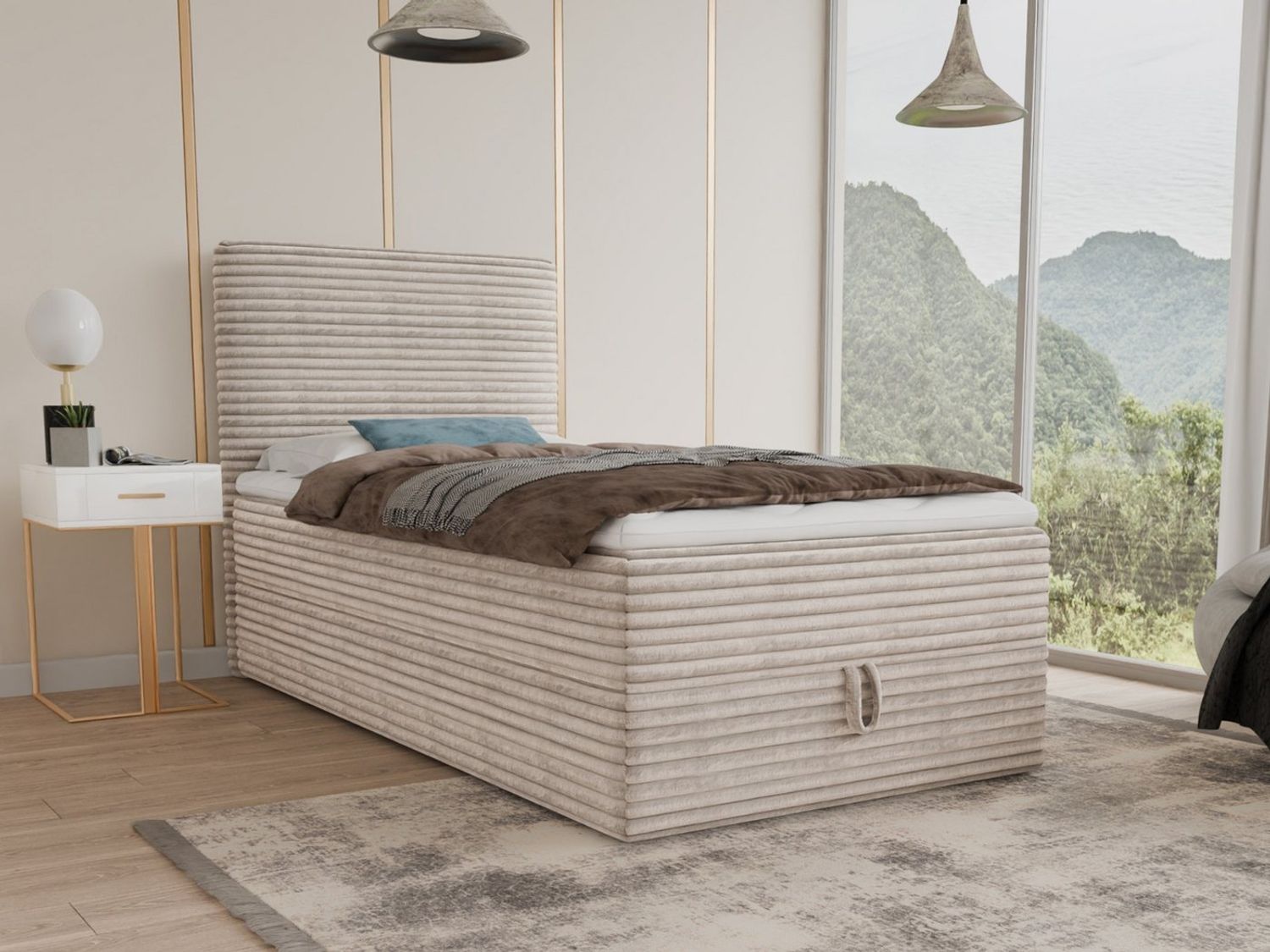 Boxspringbett Mollo Mini mit Bettkasten und Matratzentopper - Einzelbett mit Bonell-Matratze und Topper, Polsterbett in weichem Cordstoff, Bett, Schlafzimmer (Beige (Tilia 03), 120 x 200 cm) Bild 1
