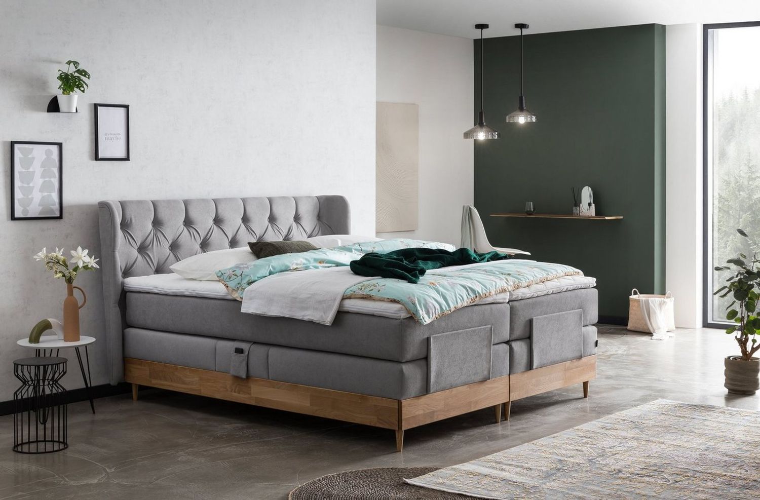 Belanoti Boxspringbett EON (Boxspringbett 180x200 elektrisch verstellbar Bett 180x200 mit Motor, 7-Zonen Taschenfederkern Matratze inklusive Visco Topper), in der Farbe Hellgrau H2/H3 Polsterbett Motorbett mit Eiche Bild 1
