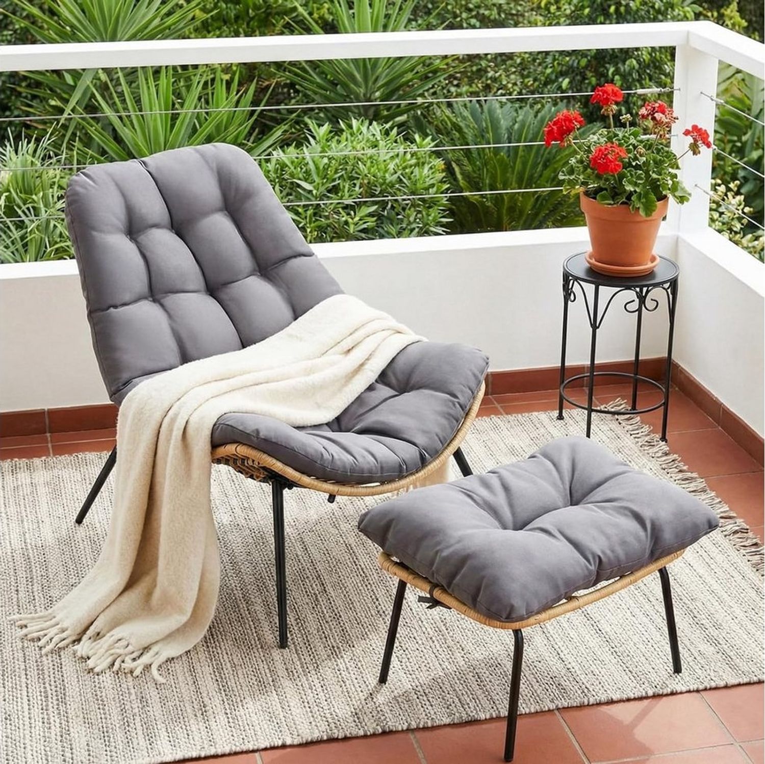 TLGREEN Loungesessel Rattan mit Hocker,Balkonsessel mit Abnehmbarem Kissen, (Waterproof Cushion), für Garten Balkon Wohnzimmer Hof Schlafzimmer Terrasse Bild 1