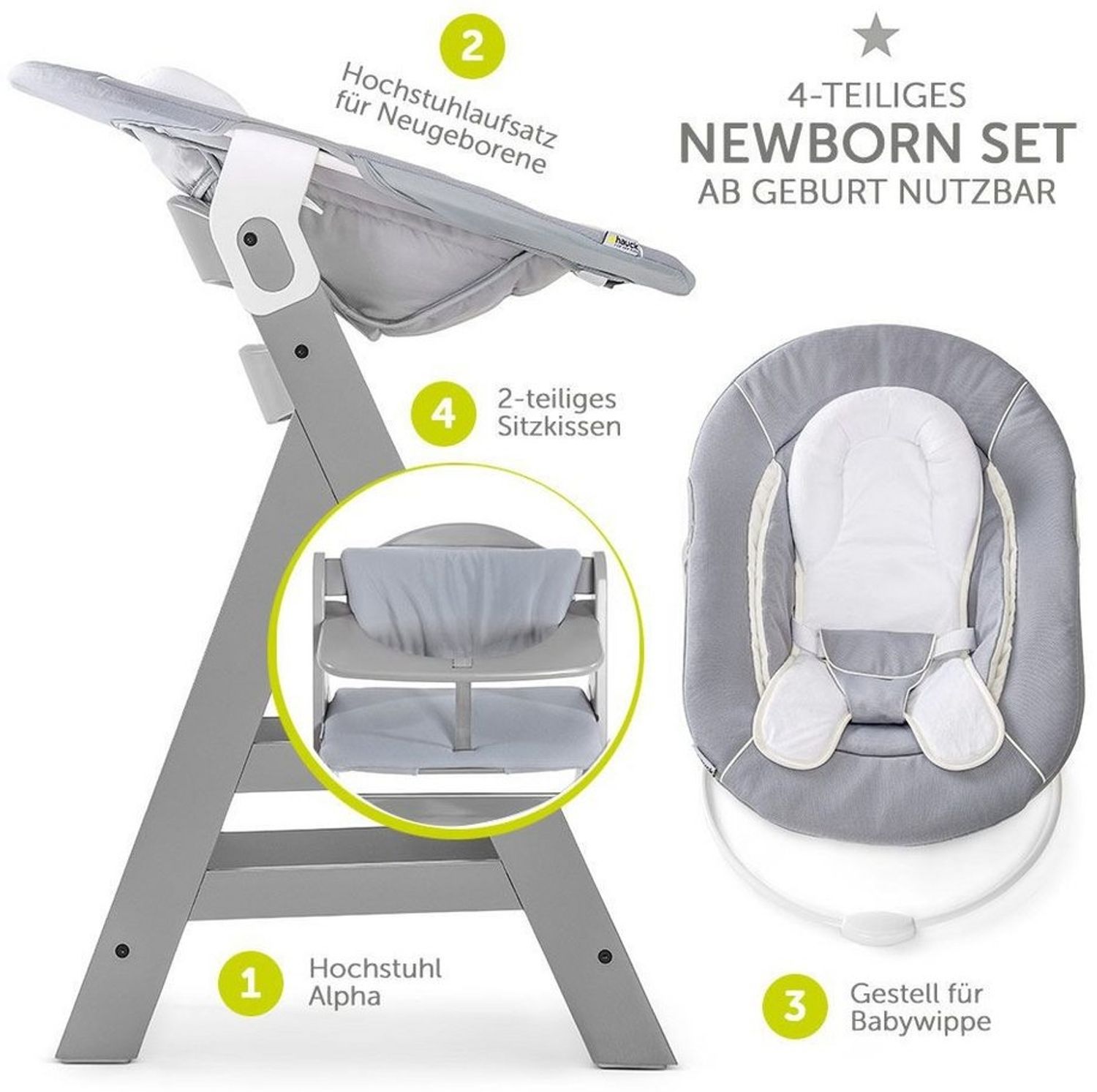 Hauck Hochstuhl Alpha Plus Grey Newborn Set (Set, 4 St), Holz Babystuhl ab Geburt inkl. Aufsatz für Neugeborene & Sitzauflage Bild 1