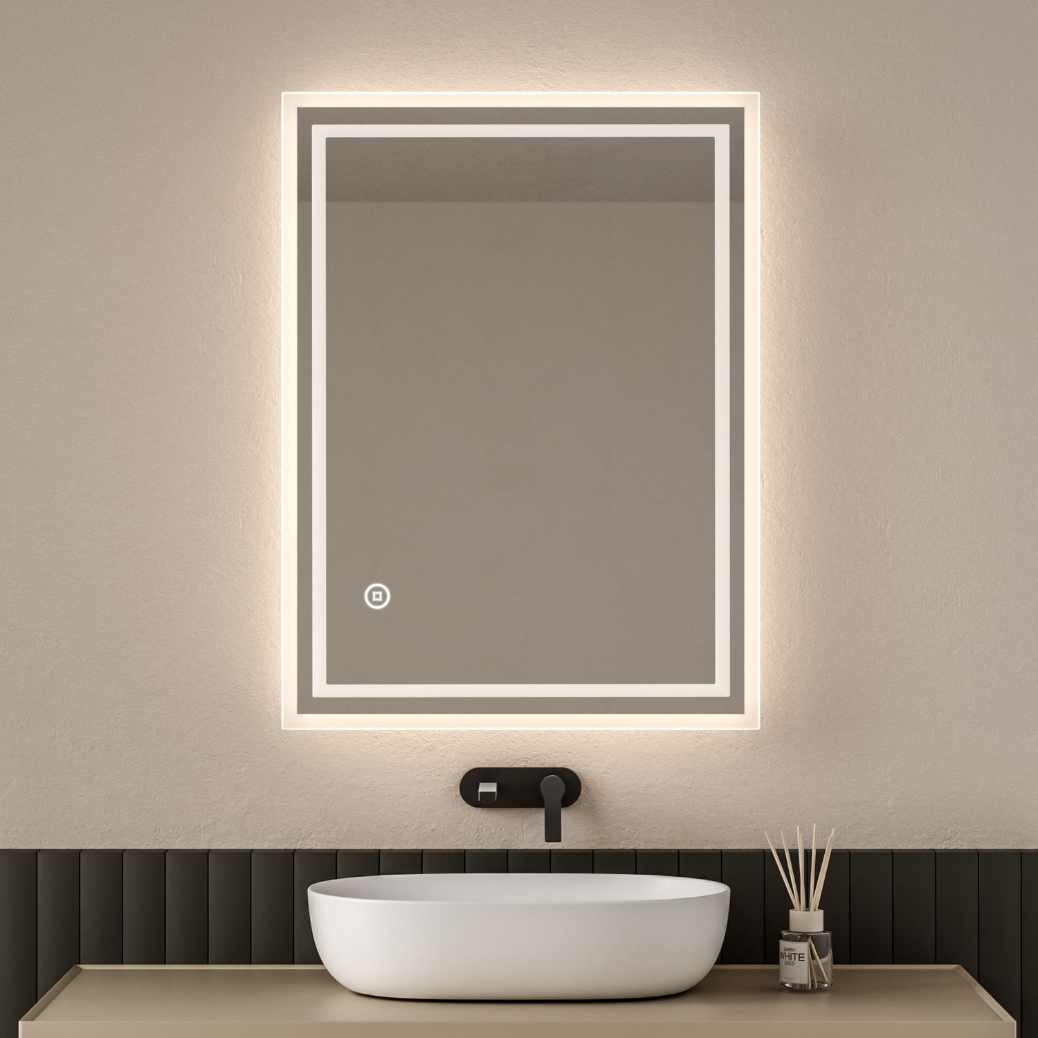 EMKE Badspiegel mit LED Beleuchtung 80x60cm Beschlagfrei 3 Lichtfarben Dimmbar Touchschalter Wandspiegel Bild 1