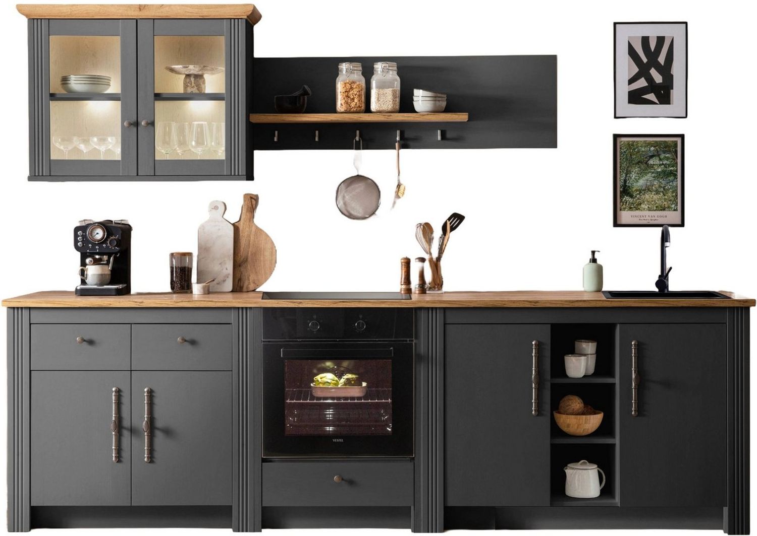 OTTO home Küchenzeile KS-Westminster, Pantryküche im Landhaus Stil, hochwertige Metallgriffe, (Set), Breite 294 cm, Kommoden, Wandpaneel, Hängeschrank, Herdumbau Bild 1