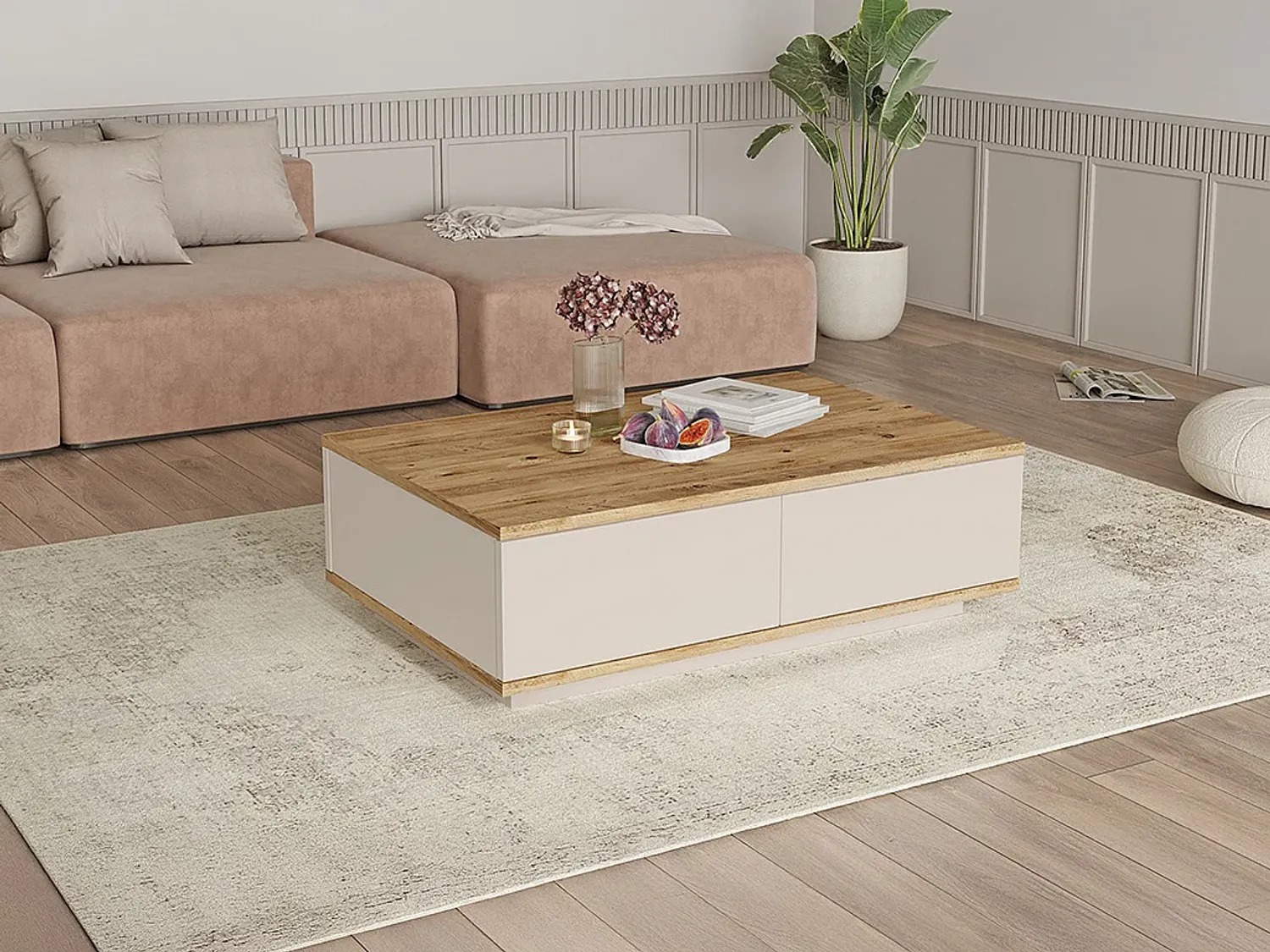 Vente-unique - LOTULA Couchtisch Holz, Platte BeigeBeige - B 60 cm x H 28,6 cm x L 90 cm Bild 1