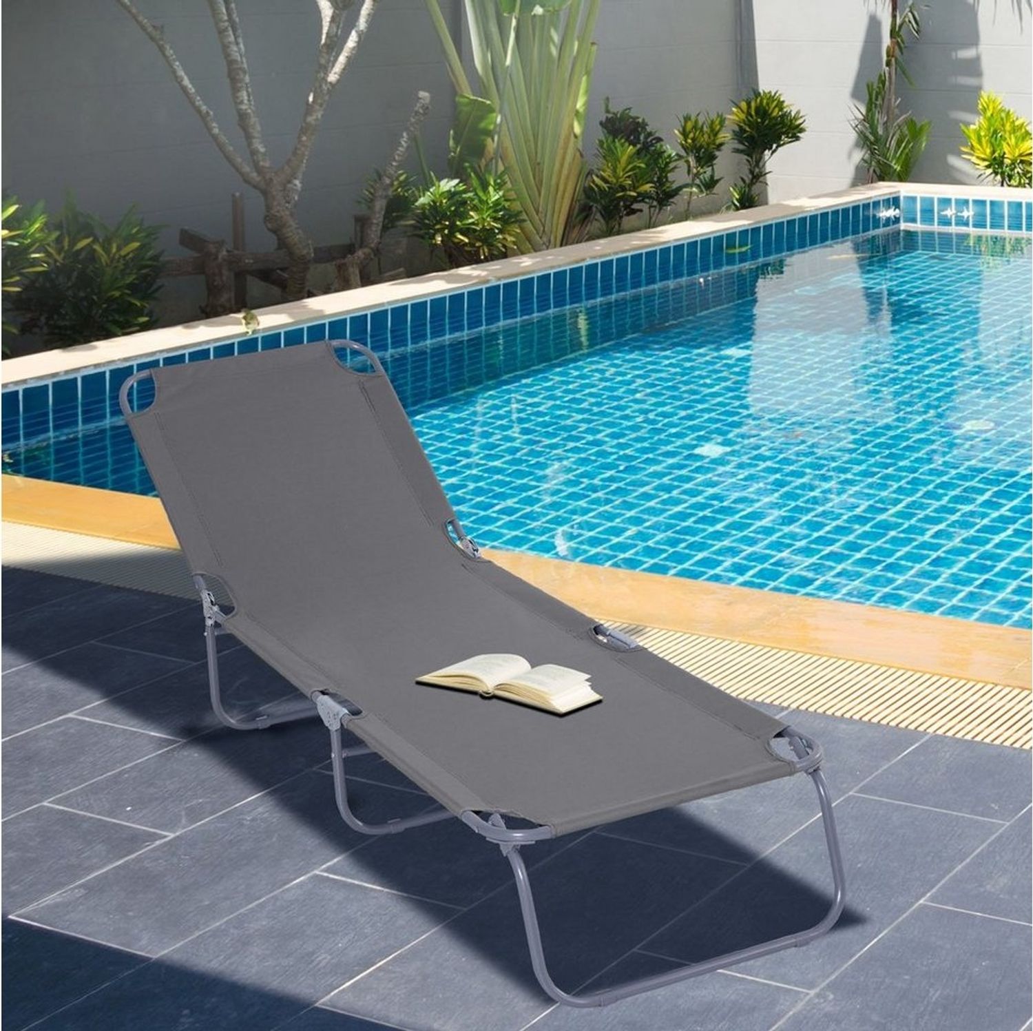 Outsunny Gartenliege Sonnenliege klappbarer Liegestuhl mit verstellbarer Rückenlehne, Campingliege, 1 St, Balkonliege, für Balkon, Terrasse, Oxford, Grau Bild 1