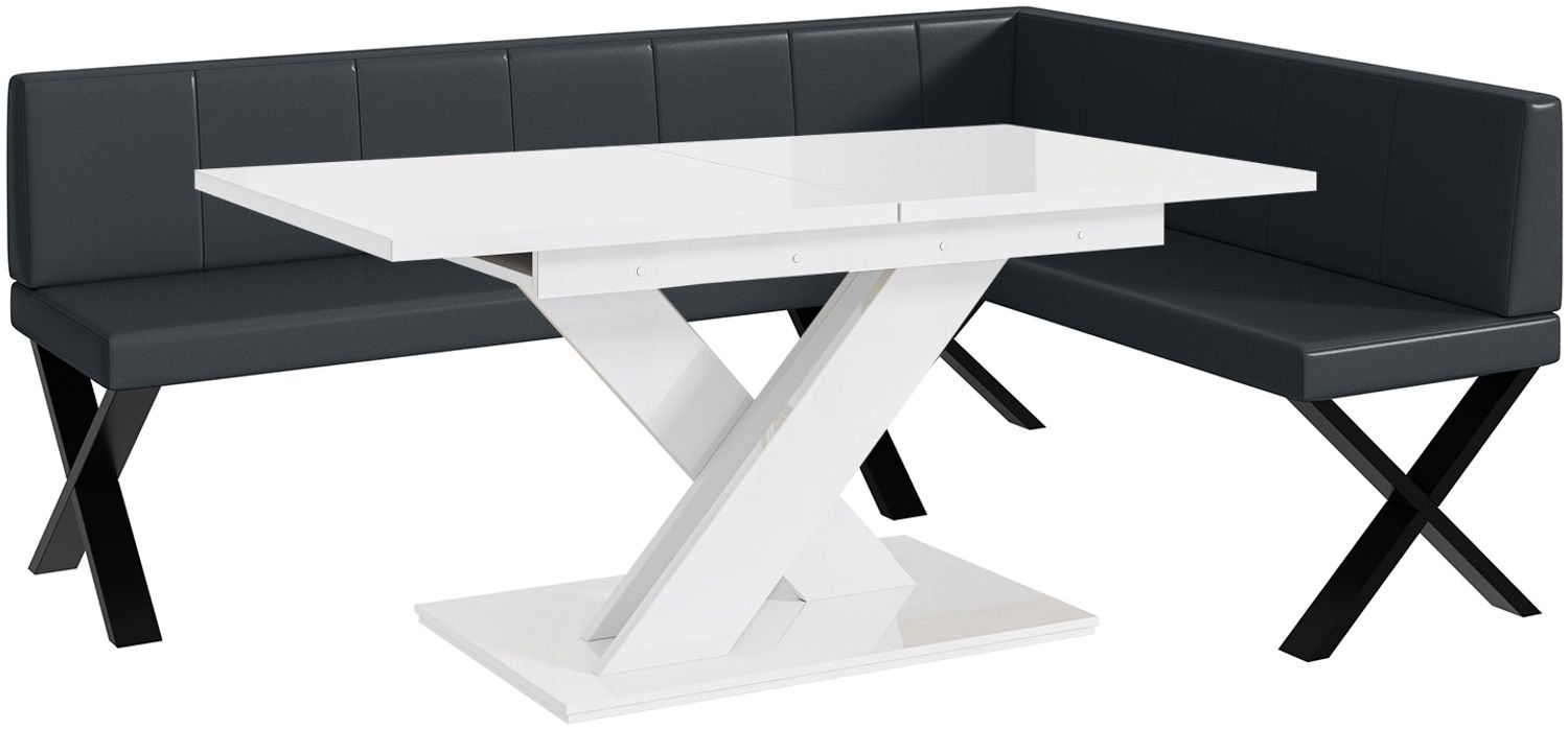 MEBLINI Eckbank für Esszimmer mit ausziehbarem Tisch - Küchenbank - Essecke - Sitzecke Küche - PETER - X-Beine 142x196x87cm Rechts - Dunkelgrau Kunstleder/B Weiß Hochgl. Bild 1