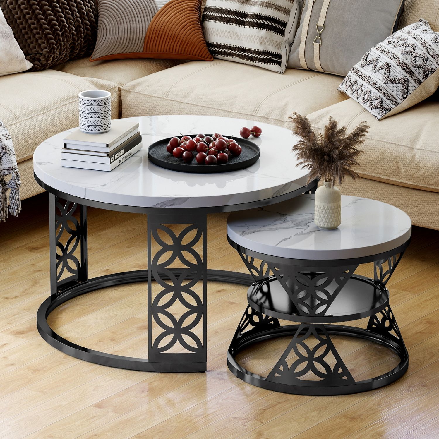 2er-Set Couchtisch nestbar 70x70x45 + 45x45x37 cm, Marmor-Furnier, Metallrahmen, Kontrastdesign Bild 1