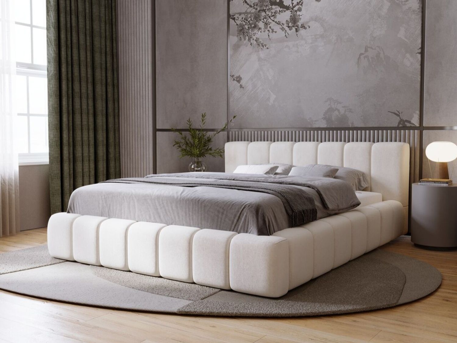 GRAINGOLD Orio Doppelbett 180x200, Polsterbett mit Kopfteil, Bettkasten, Velour-Stoff, Beige Bild 1
