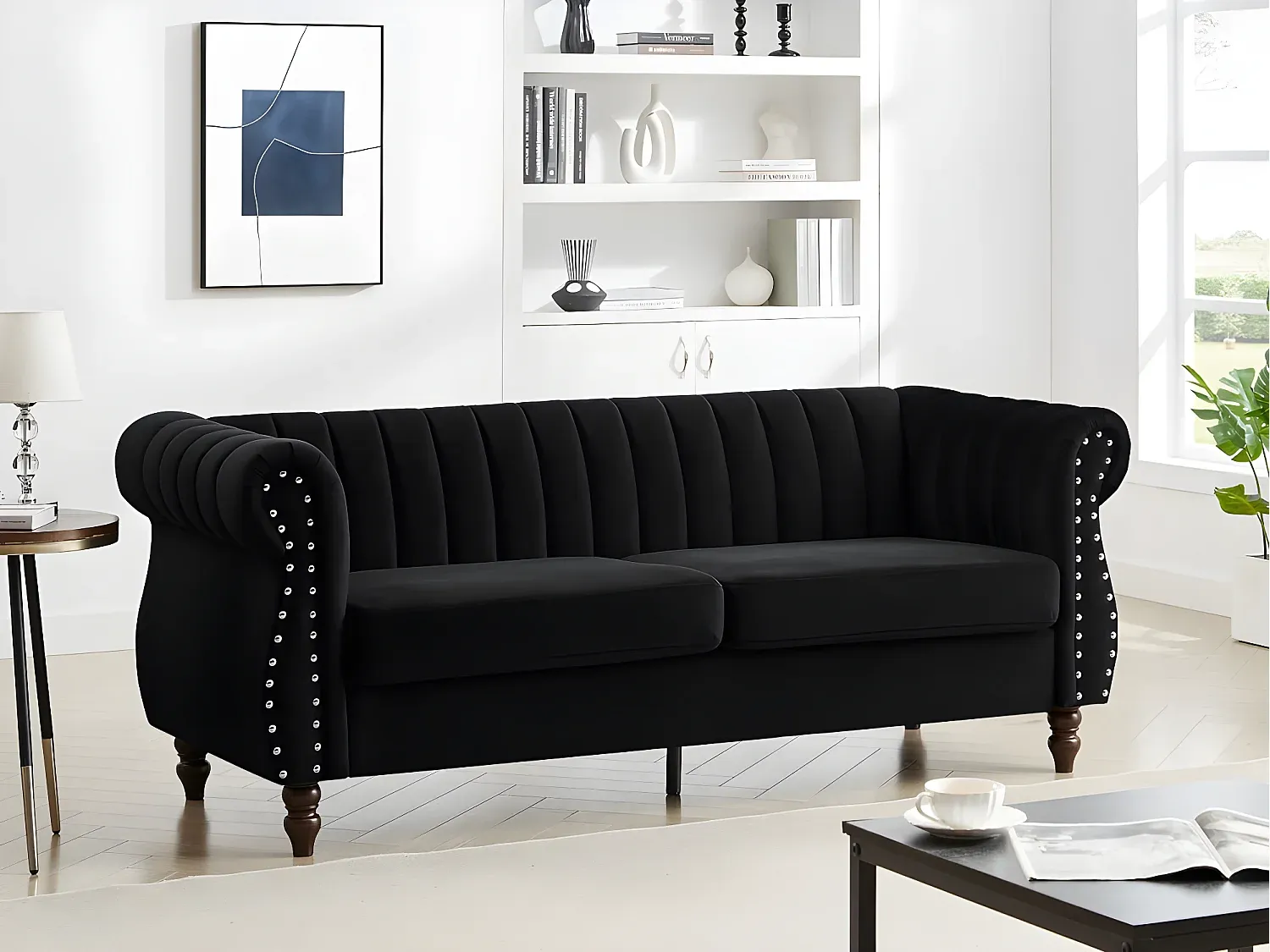 Vente-unique - TRUMBO Sofa SamtStoff Schwarz - B 78 cm x H 77 cm x L 195 cm Bild 1