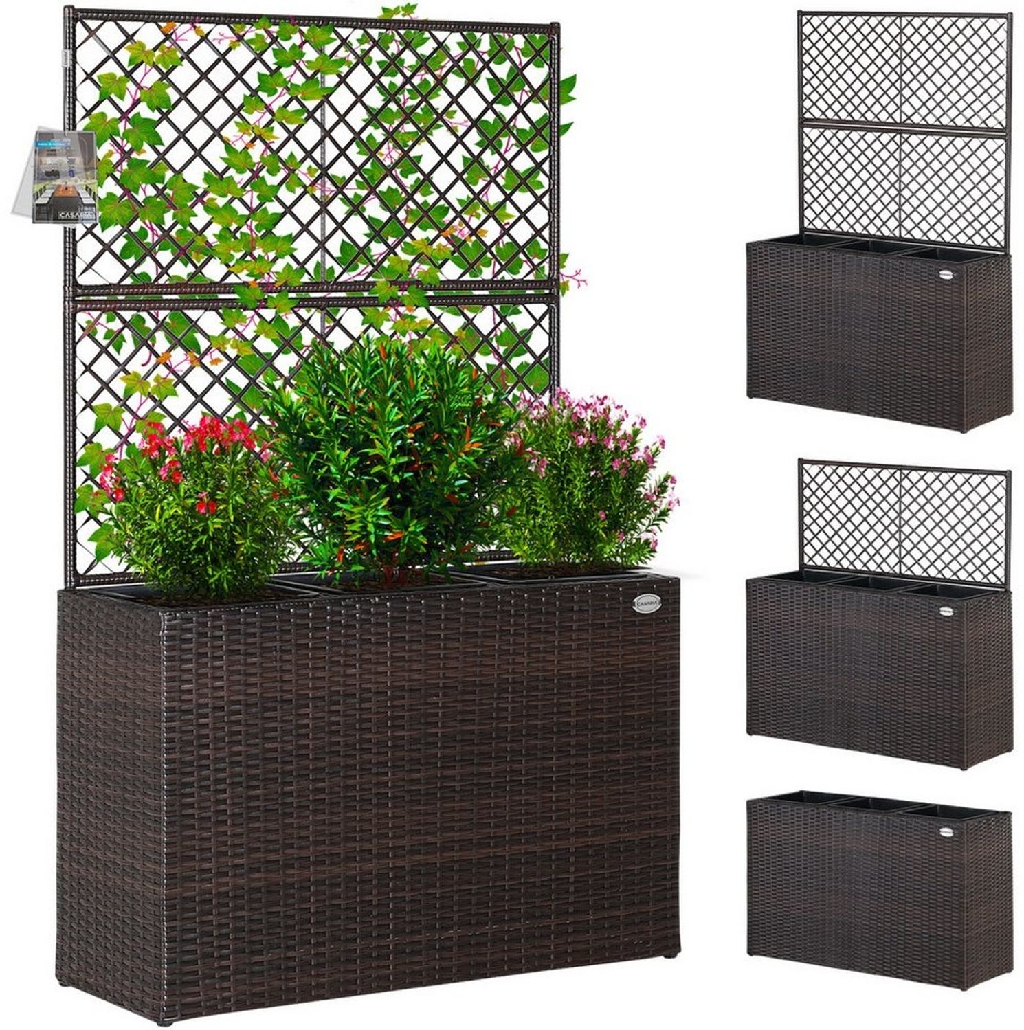 Casaria Blumenkasten, Blumenkasten Rankgitter 3 Innentöpfe Polyrattangeflecht Rankhilfe Bild 1