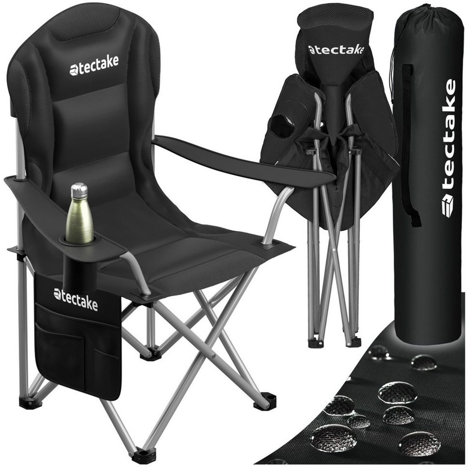 tectake Campingstuhl Gepolsterter Gartenstuhl, Belastbarkeit 120 kg, 88,5 x 55 x 103 cm (Outdoor Klapptstuhl MTX für Außen in Schwarz, 1 St), wasserabweisendes 600D Oxford-Gewebe, faltbar, inkl. Tragetasche Bild 1
