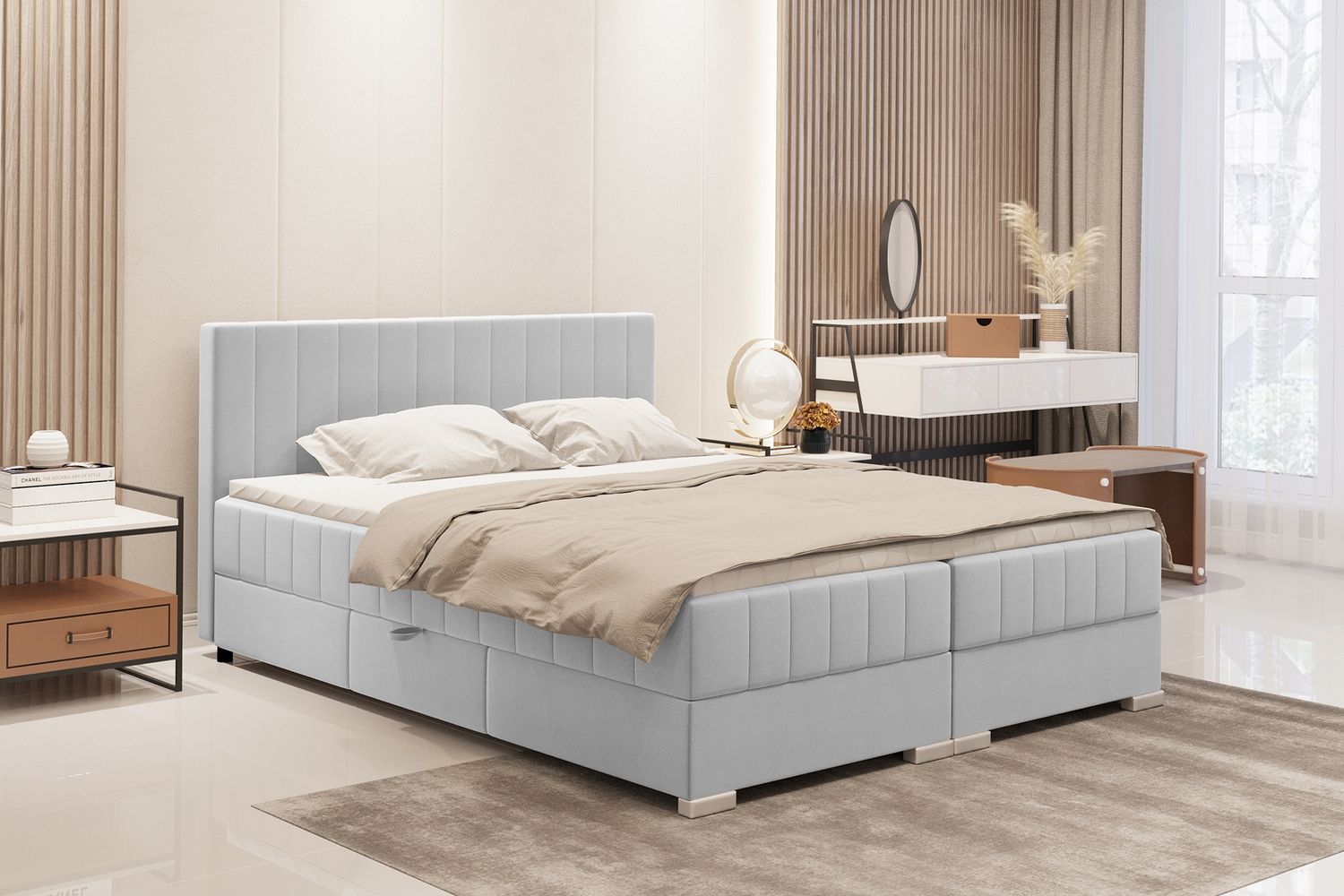 MEBLINI Boxspringbett PIAF 180x200 cm mit Bettkasten - H3B/Hellgrau Samt Polsterbett - Doppelbett mit Topper & Bonellfederkern-Matratze Bild 1