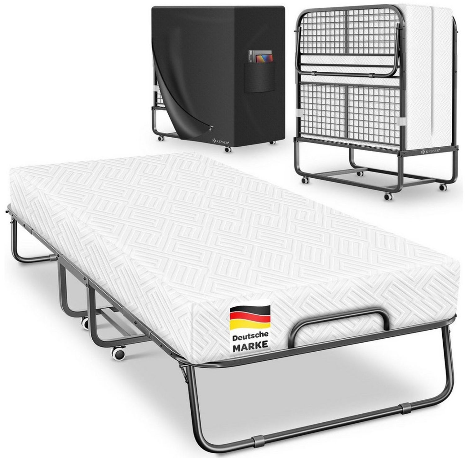KESSER® Klappbett 200x90cm Gästebett inkl. Matratze aus Memory-Schaum & Rollen | faltbares Reisebett mit Metallrahmen für Erwachsene belastbar bis 250kg | Metallbett mit Schaumstoffmatratze & Cover Weiß, Deluxe Plus Bild 1