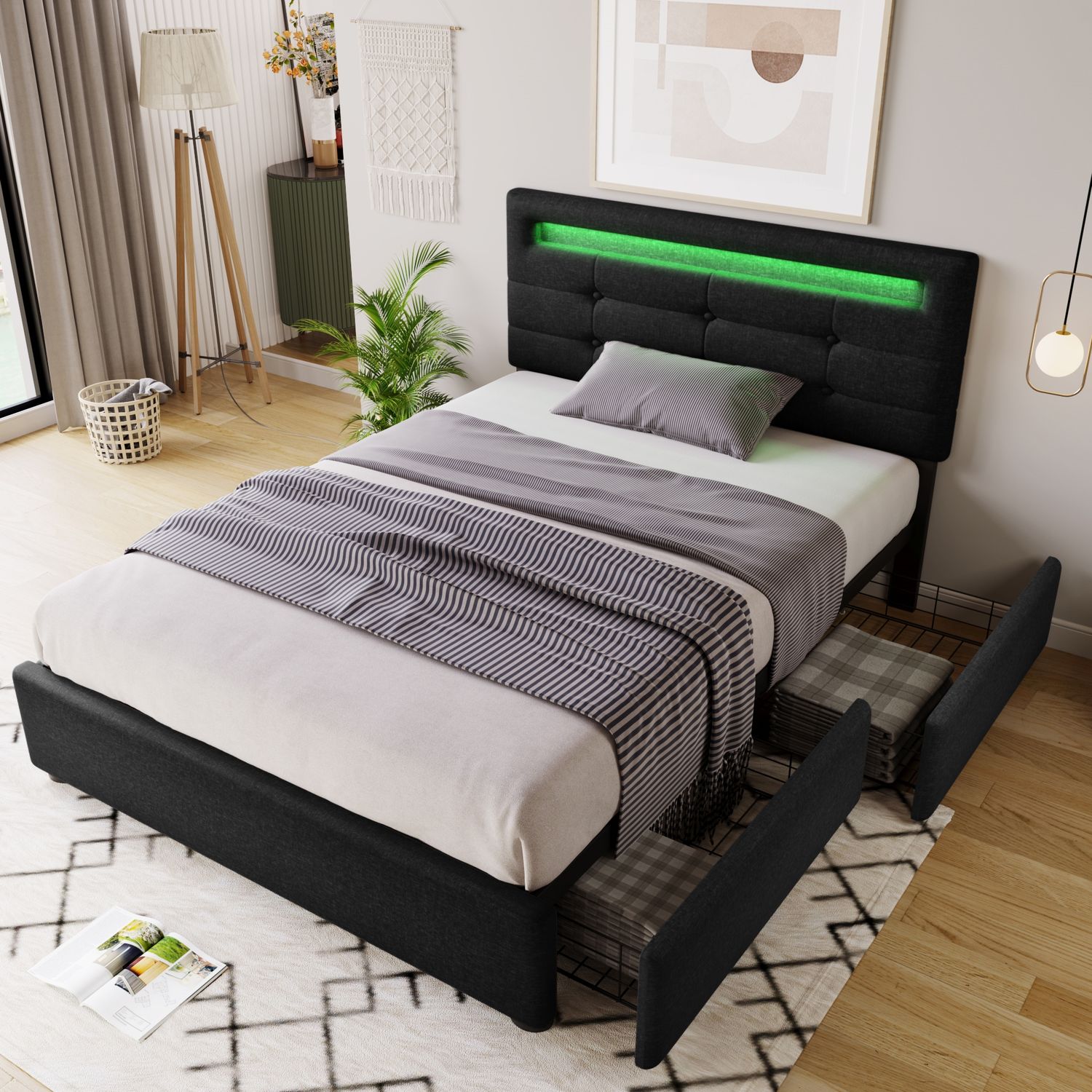 Polsterbett 90×200 cm aus Leinen-Stoff mit LED-Beleuchtung und zweißSchubladen, schwarz Bild 1