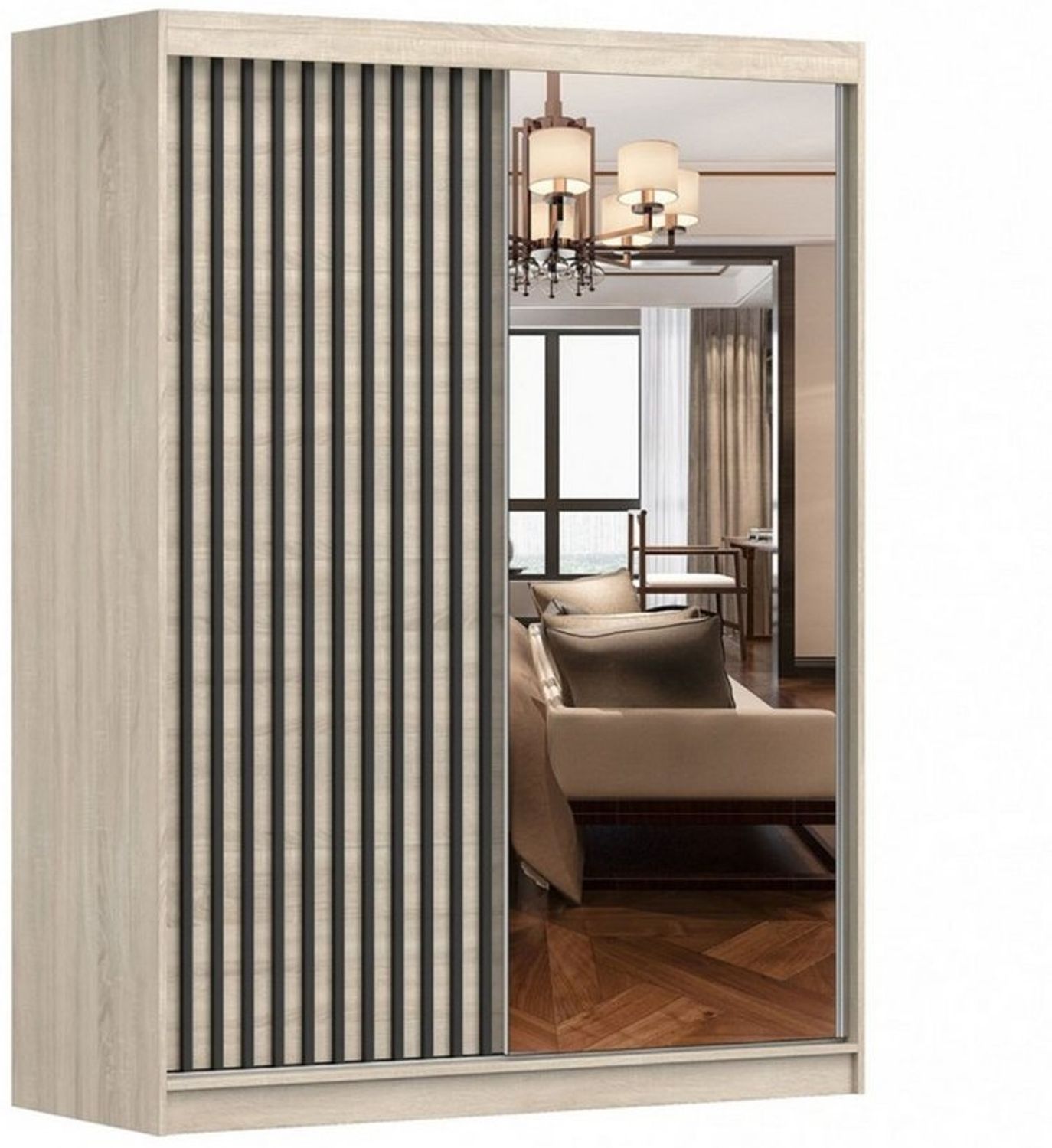 MOEBLO Kleiderschrank LABI (Schiebetür-Kleiderschrank mit Spiegel & Holzdekor, Schwebetürenschrank 2-türig Schrank mit Einlegeböden und Kleiderstange) -(BxHxT): 150x200x61 cm Bild 1