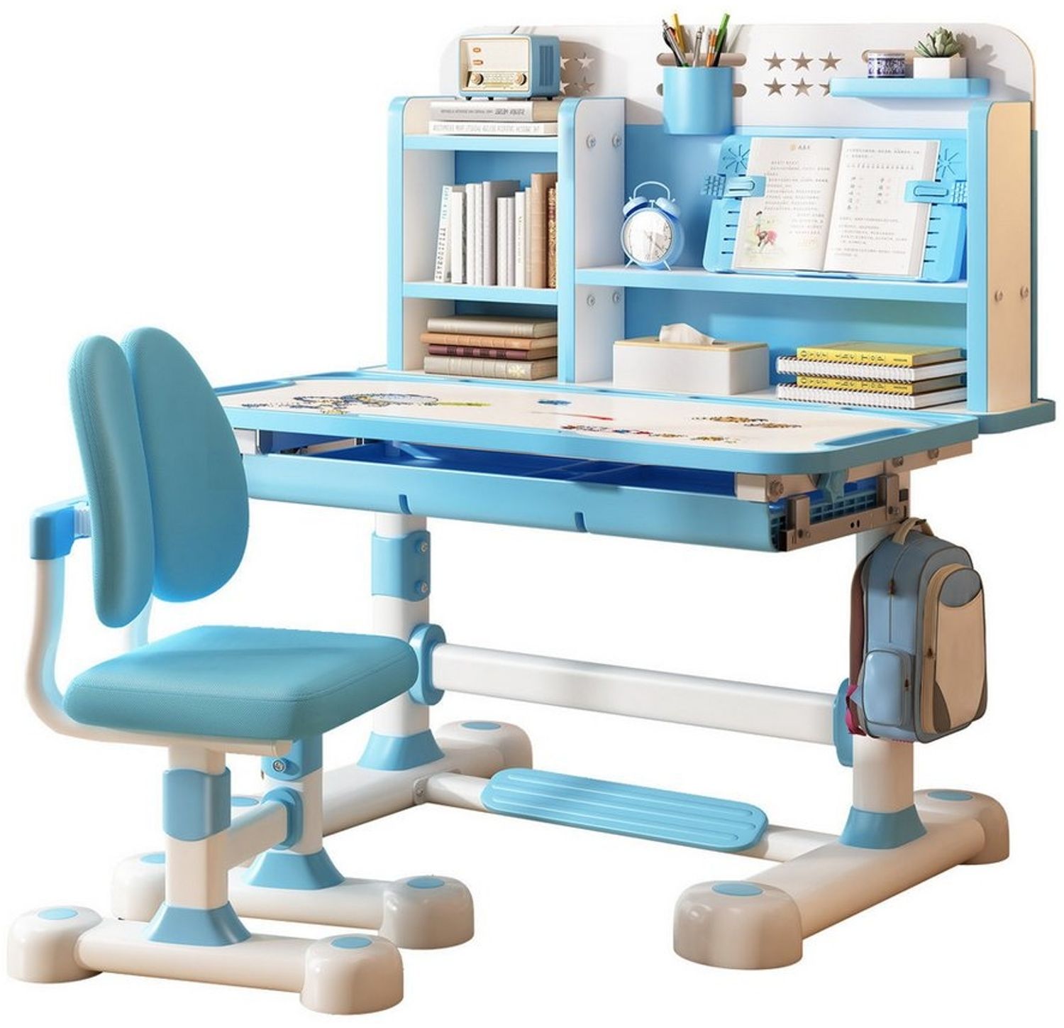 Rutaqian Kinderschreibtisch Kinder-Schreibtisch- und Stuhl-Set,Höhenverstellbar mit Sitzkorrektur (Multifunktionsschreibtisch mit Leseständer,Schublade,Rucksackhaken, 1-St, Ergonomischer Schreibtisch-Stuhl Set,Zonenförmig gestalteter Stauraum), Verstel... Bild 1