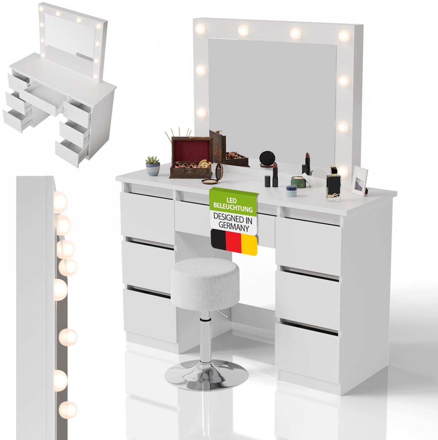 Juskys Schminktisch Talea und Hocker Tonia mit LED-Spiegel & 7 Schubladen, stufenlos dimmbar, 3 Farbtemperaturen, Stauraum, elegantes Design – Weiß Bild 1