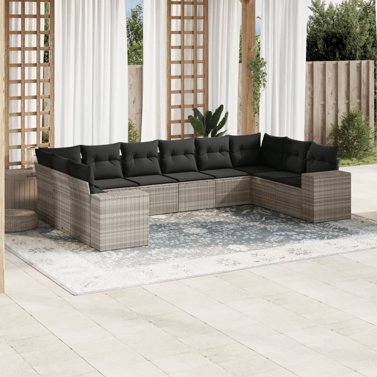vidaXL 10-tlg. Garten-Sofagarnitur mit Kissen Hellgrau Poly Rattan 3223071 Bild 1