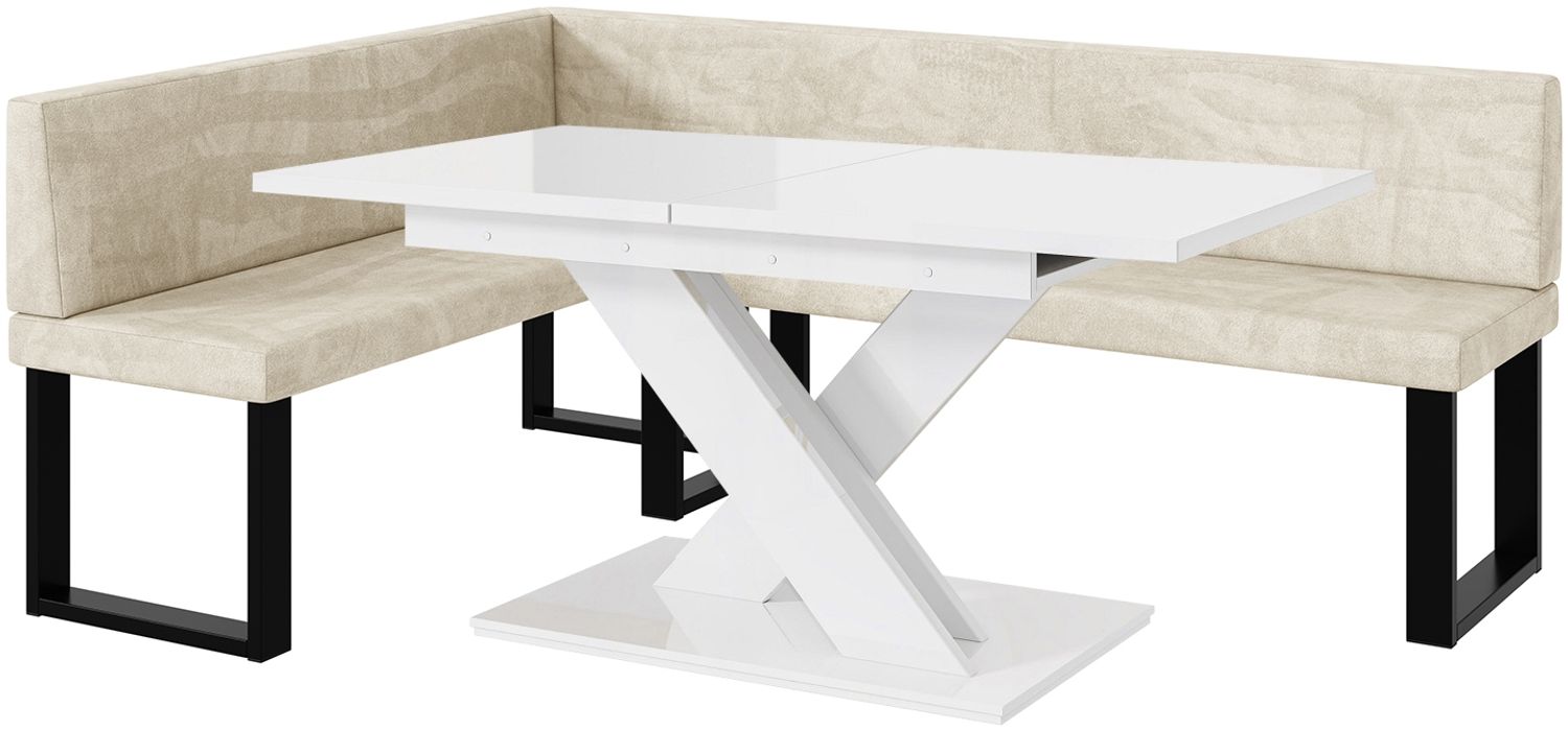 MEBLINI Eckbank für Esszimmer mit ausziehbarem Tisch - Küchenbank - Essecke - Sitzecke Küche - TONI - U-Beine 142x196x87cm Links - Creme Samt/B Weiß Hochgl. Bild 1