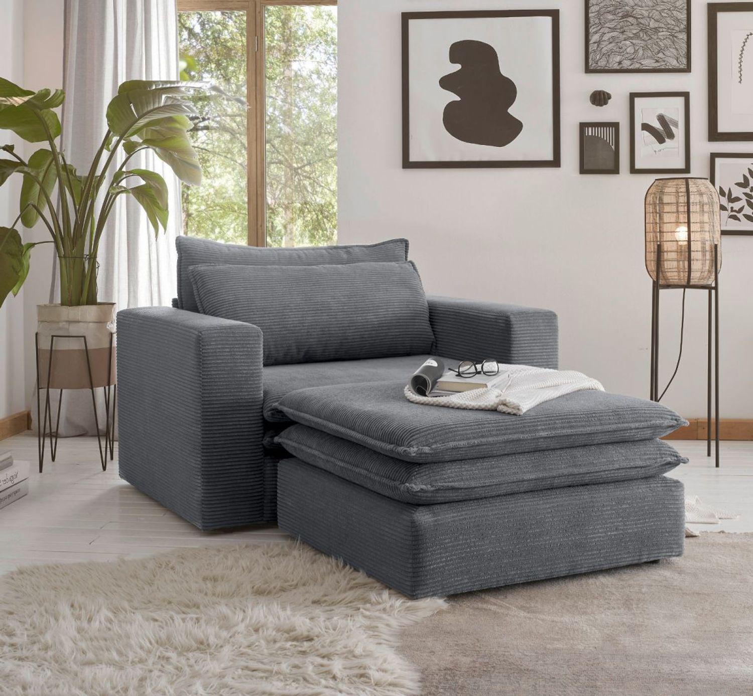 Loveseat Pesaro in grau Cord Set inkl. Hocker Bild 1