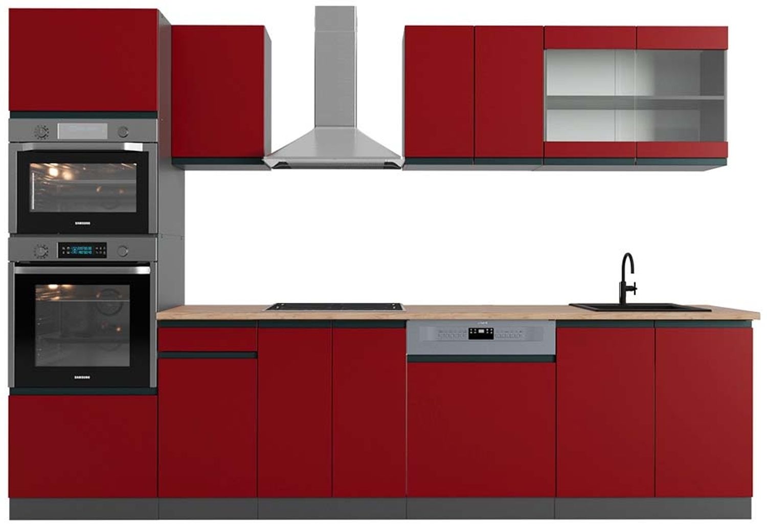 Küchenzeile R-Line Rot/Anthrazit 300 cm J-Shape mit Hochschrank, AP Eiche Vicco Bild 1